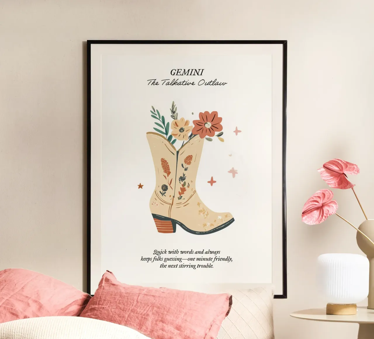 Géminis, Signo Zodiacal, Botas Vaqueras poster con marco de madera de Peaches Art Prints
