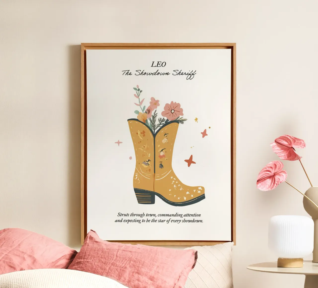 Leo, signo zodiacal, botas vaqueras lienzo con Marco flotante de Peaches Art Prints
