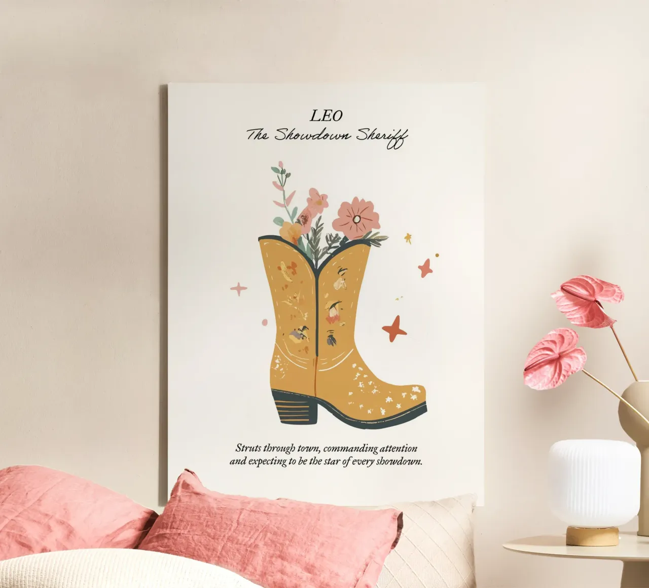 Leo, signo zodiacal, botas vaqueras lienzo con Marco flotante de Peaches Art Prints