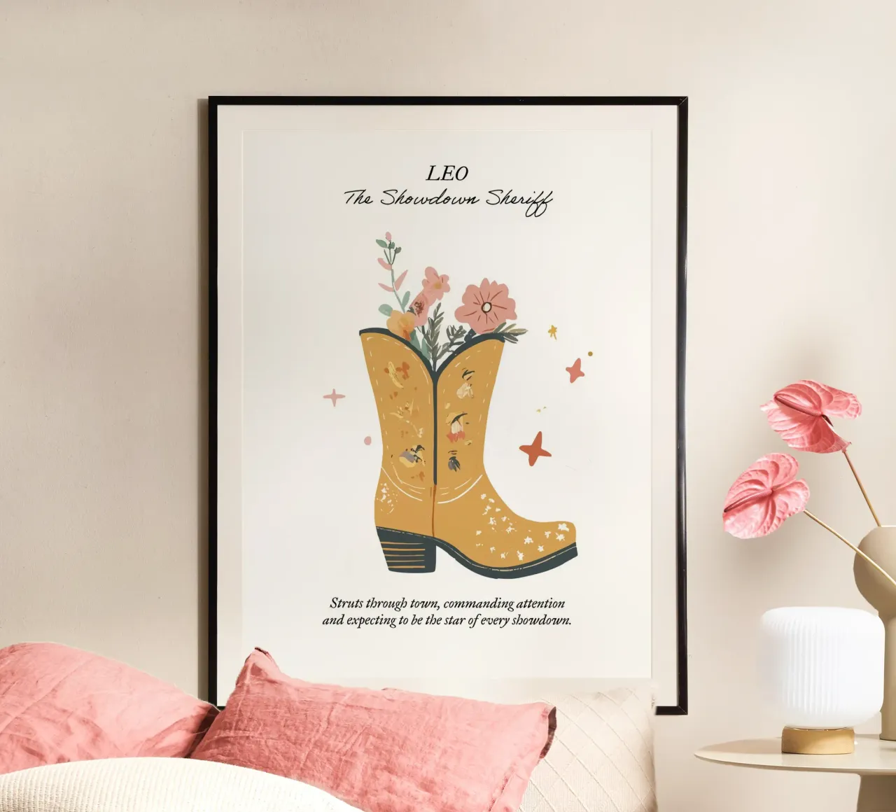 Leo, signo zodiacal, botas vaqueras poster con marco de aluminio de Peaches Art Prints