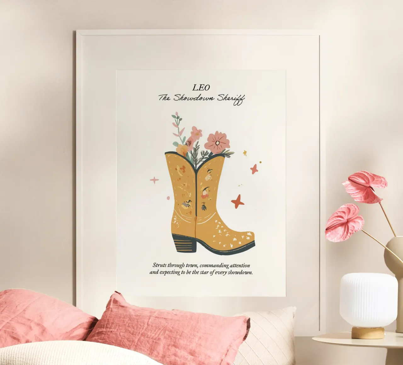 Leo, signo zodiacal, botas vaqueras poster con marco de aluminio de Peaches Art Prints