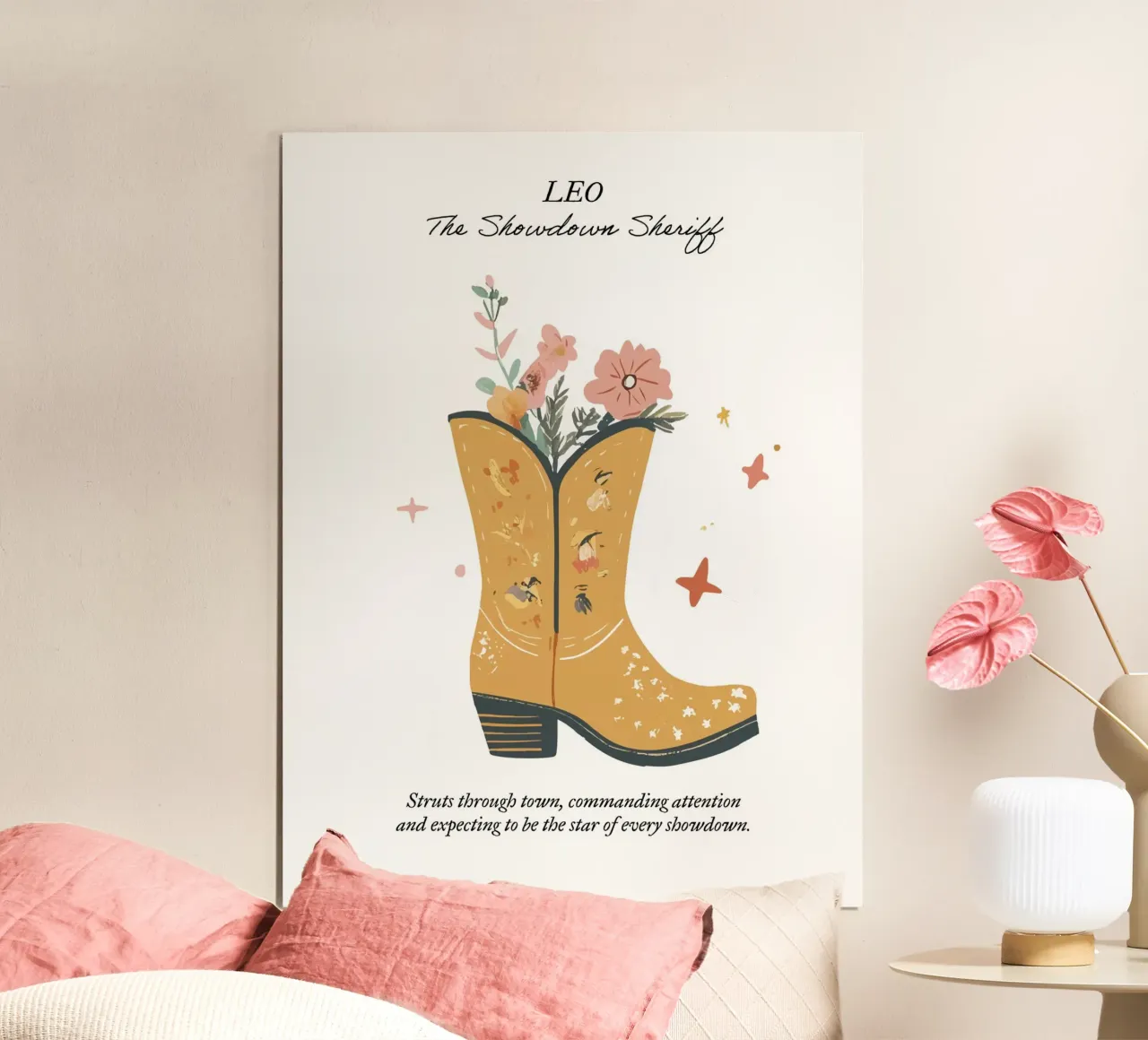 Leo, signo zodiacal, botas vaqueras poster con marco de aluminio de Peaches Art Prints