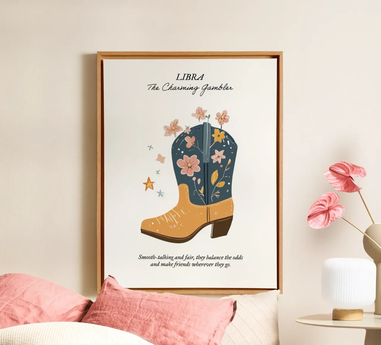 Libra, signo zodiacal, botas vaqueras lienzo con Marco flotante de Peaches Art Prints