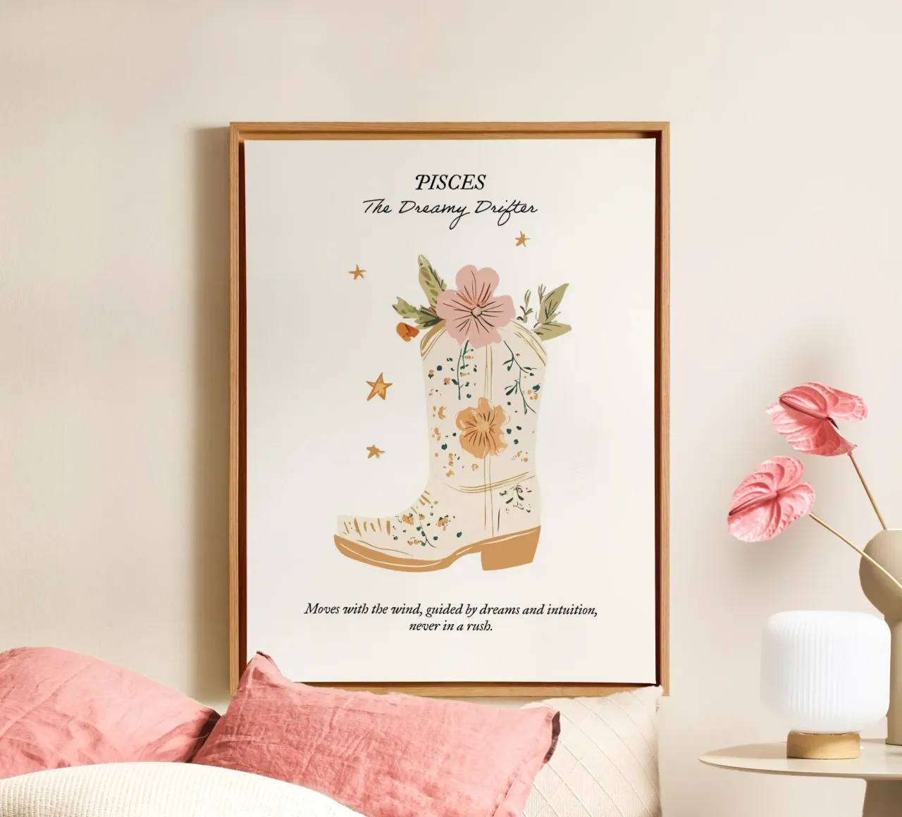 Piscis, signo zodiacal, botas vaqueras lienzo con Marco flotante de Peaches Art Prints