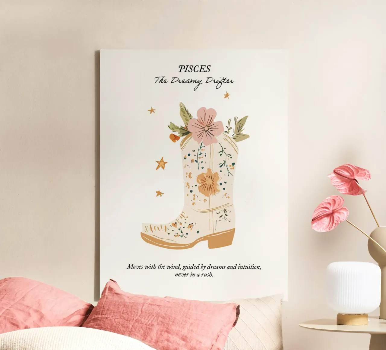 Piscis, signo zodiacal, botas vaqueras lienzo con Marco flotante de Peaches Art Prints
