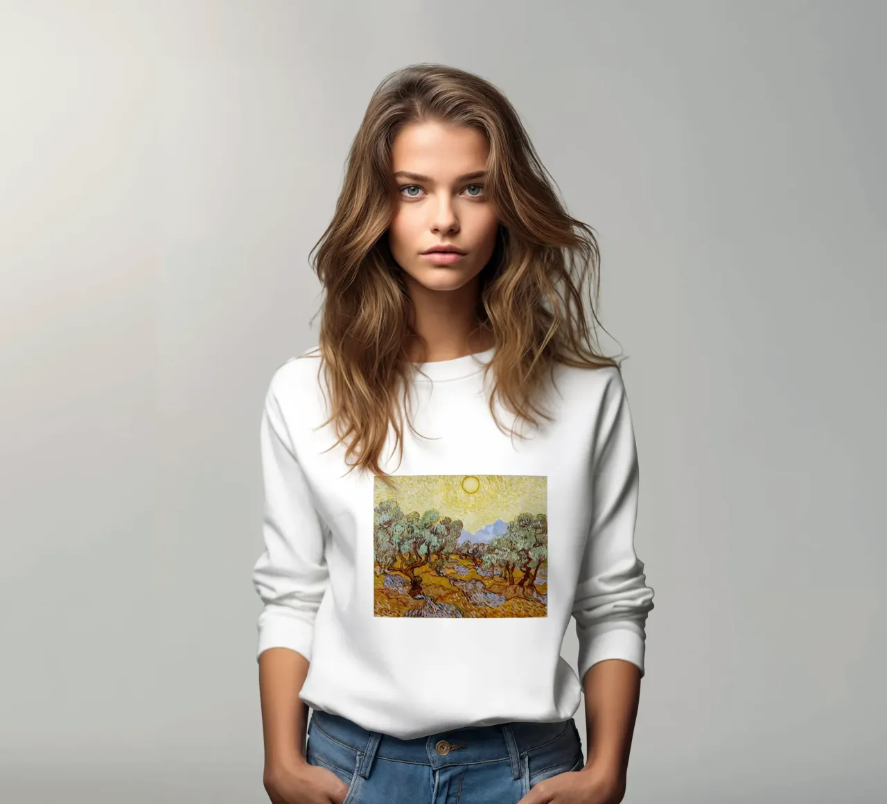Vincent Van Gogh - Alberi di ulivo con cielo e sole giallo felpa da Timeless Artworks