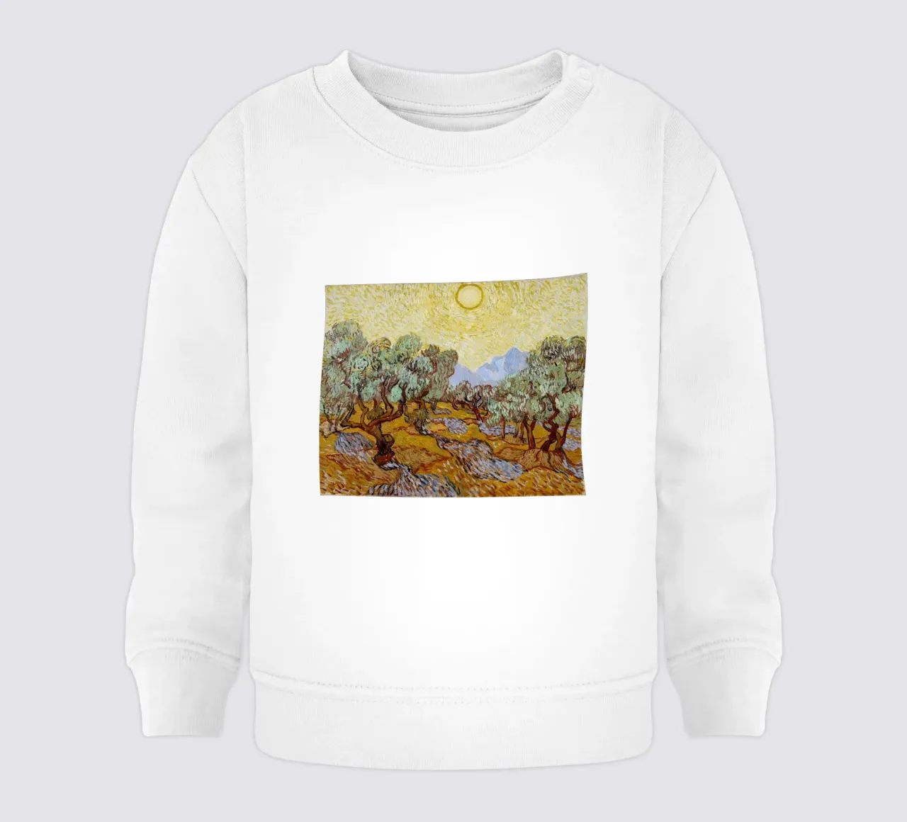Vincent Van Gogh - Alberi di ulivo con cielo e sole giallo felpa neonato da Timeless Artworks
