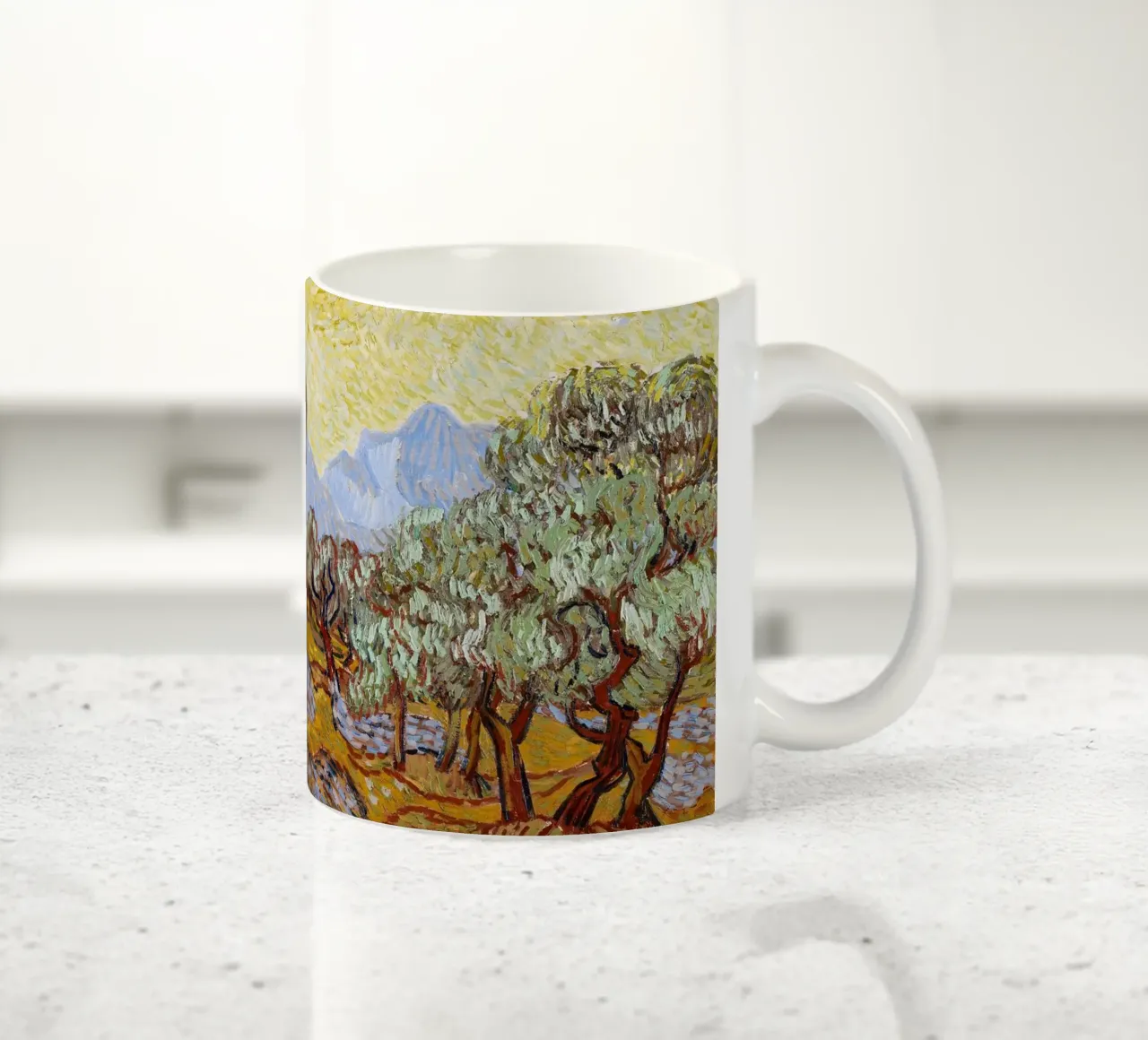 Vincent Van Gogh - Alberi di ulivo con cielo e sole giallo tazza in ceramica da Timeless Artworks