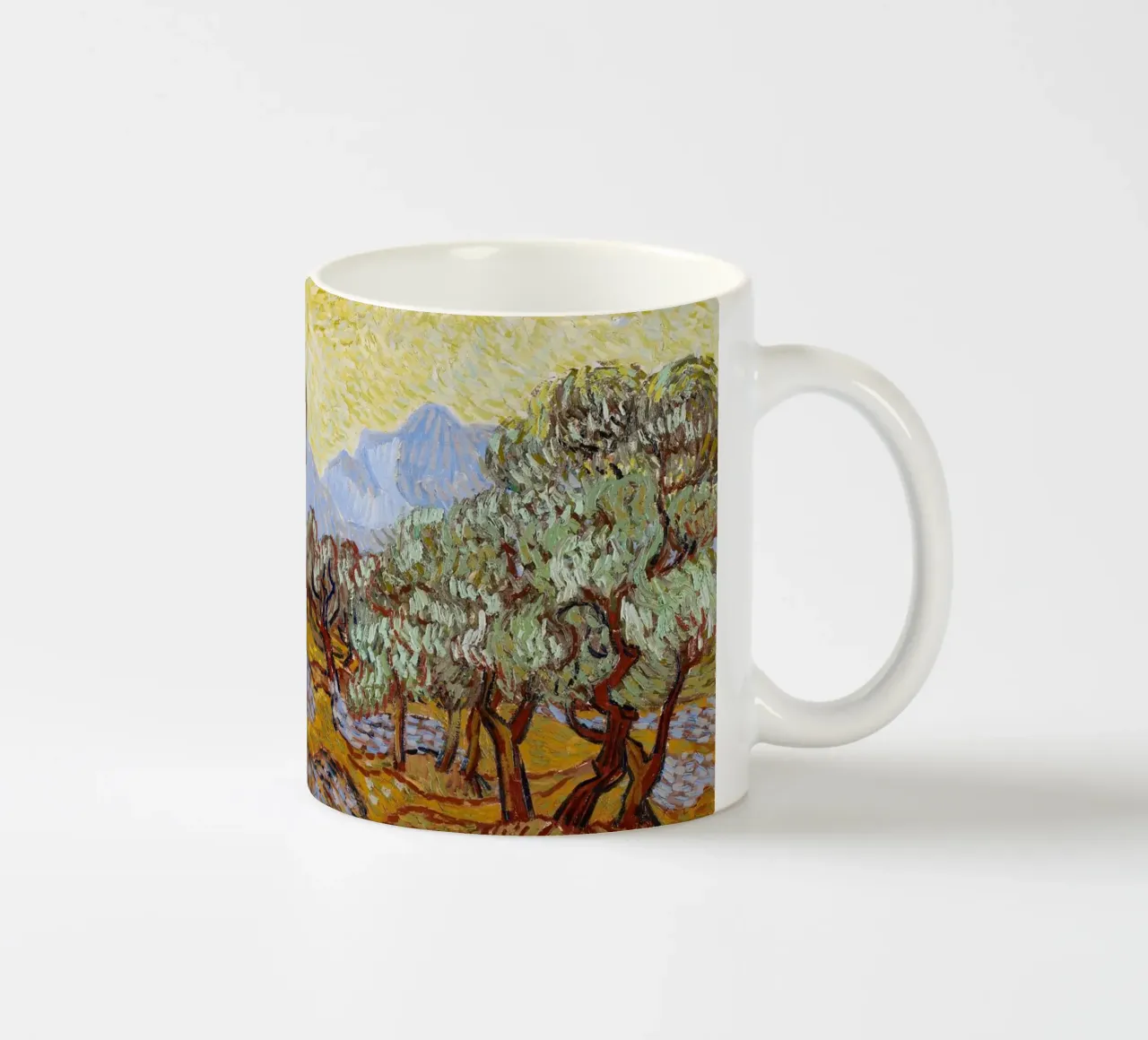 Vincent Van Gogh - Alberi di ulivo con cielo e sole giallo tazza in ceramica da Timeless Artworks