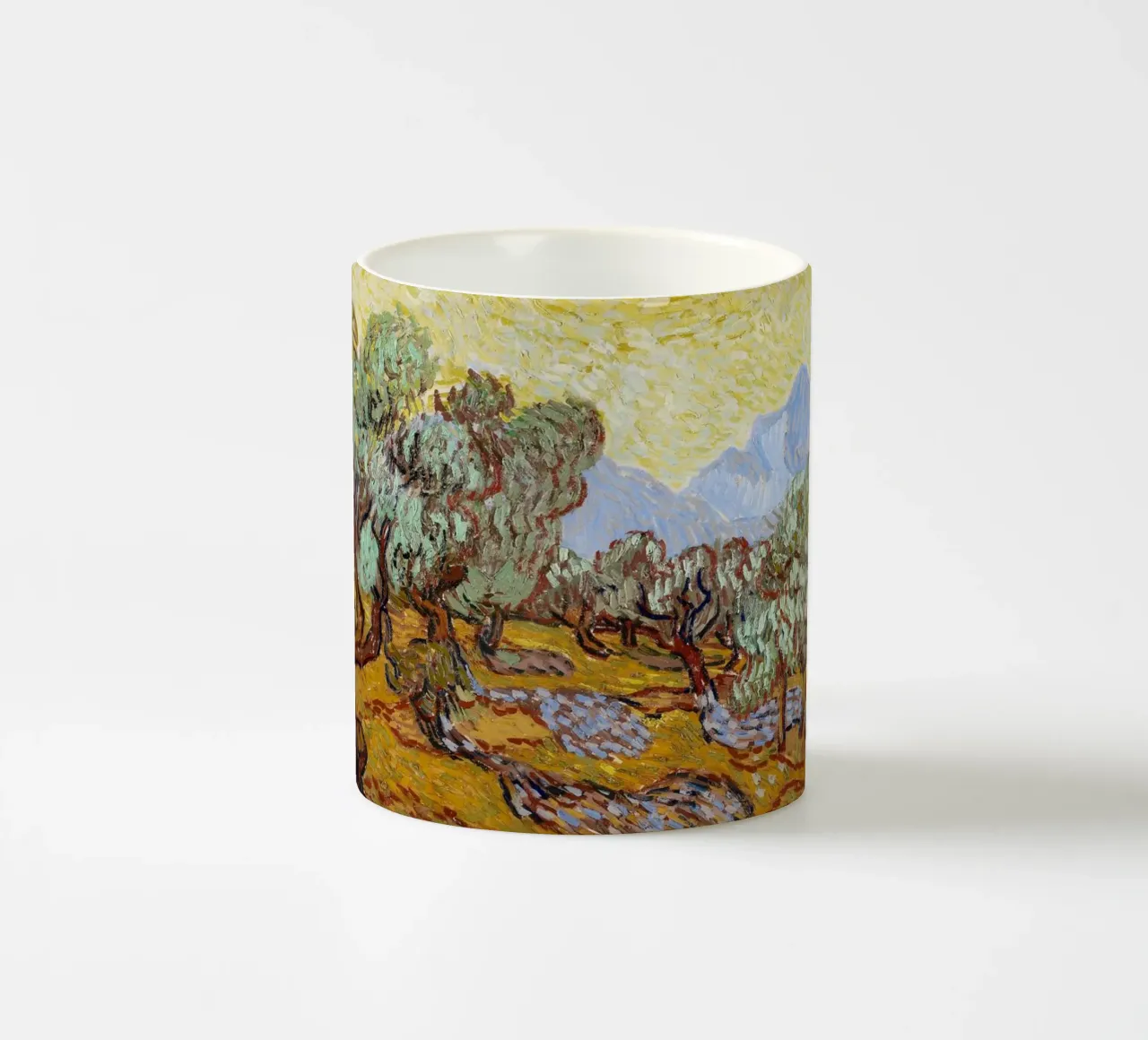 Vincent Van Gogh - Alberi di ulivo con cielo e sole giallo tazza in ceramica da Timeless Artworks