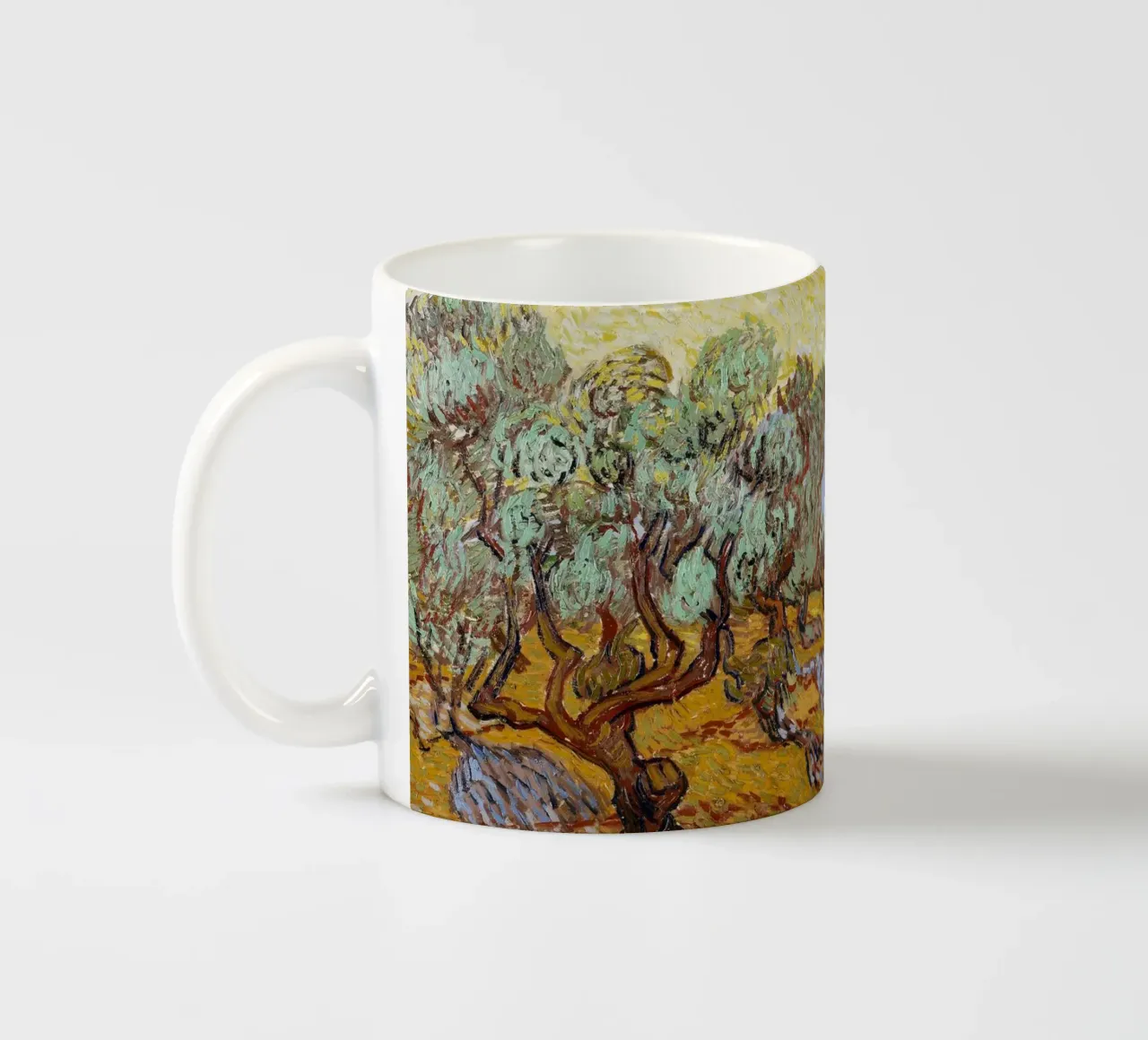 Vincent Van Gogh - Alberi di ulivo con cielo e sole giallo tazza in ceramica da Timeless Artworks