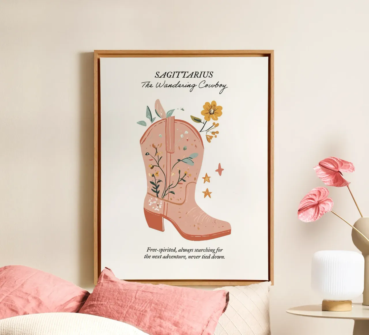 Sagitario, Signo Zodiacal, Botas Vaqueras lienzo con Marco flotante de Peaches Art Prints