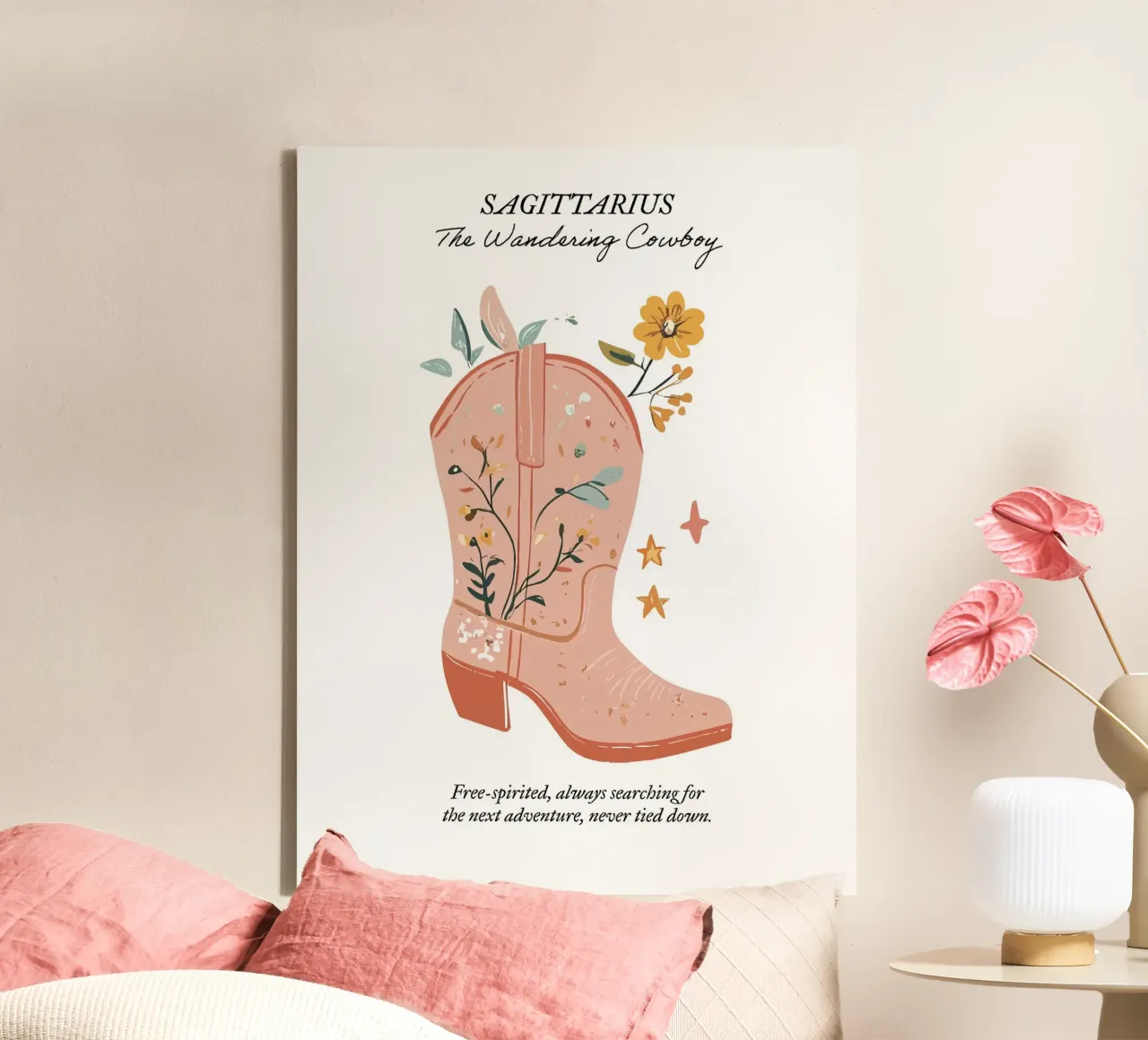 Sagitario, Signo Zodiacal, Botas Vaqueras lienzo con Marco flotante de Peaches Art Prints