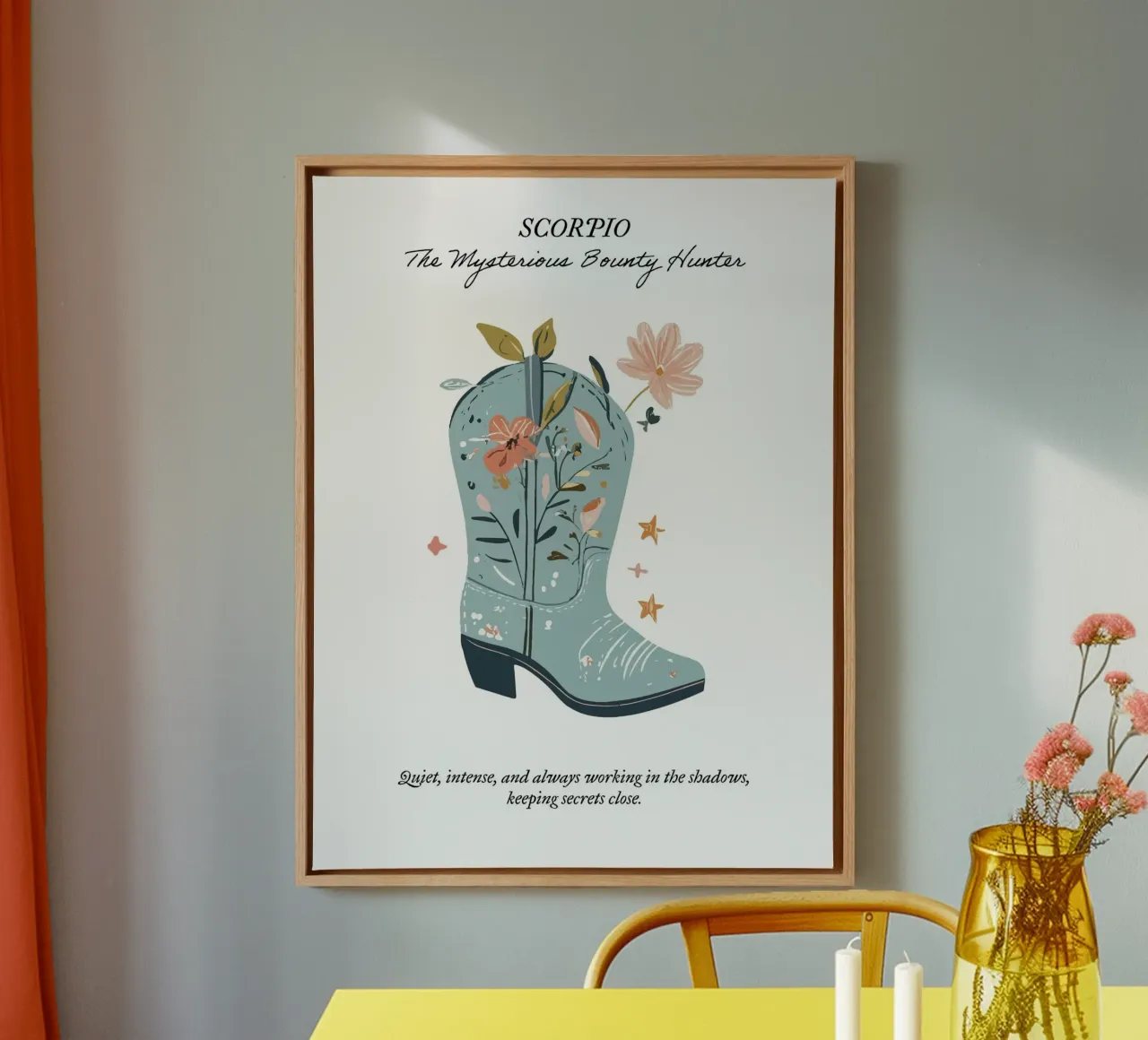 Escorpio, signo zodiacal, botas vaqueras lienzo con Marco flotante de Peaches Art Prints