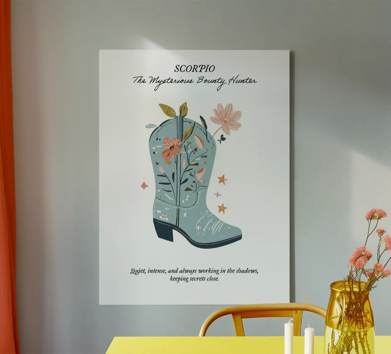 Escorpio, signo zodiacal, botas vaqueras lienzo con Marco flotante de Peaches Art Prints