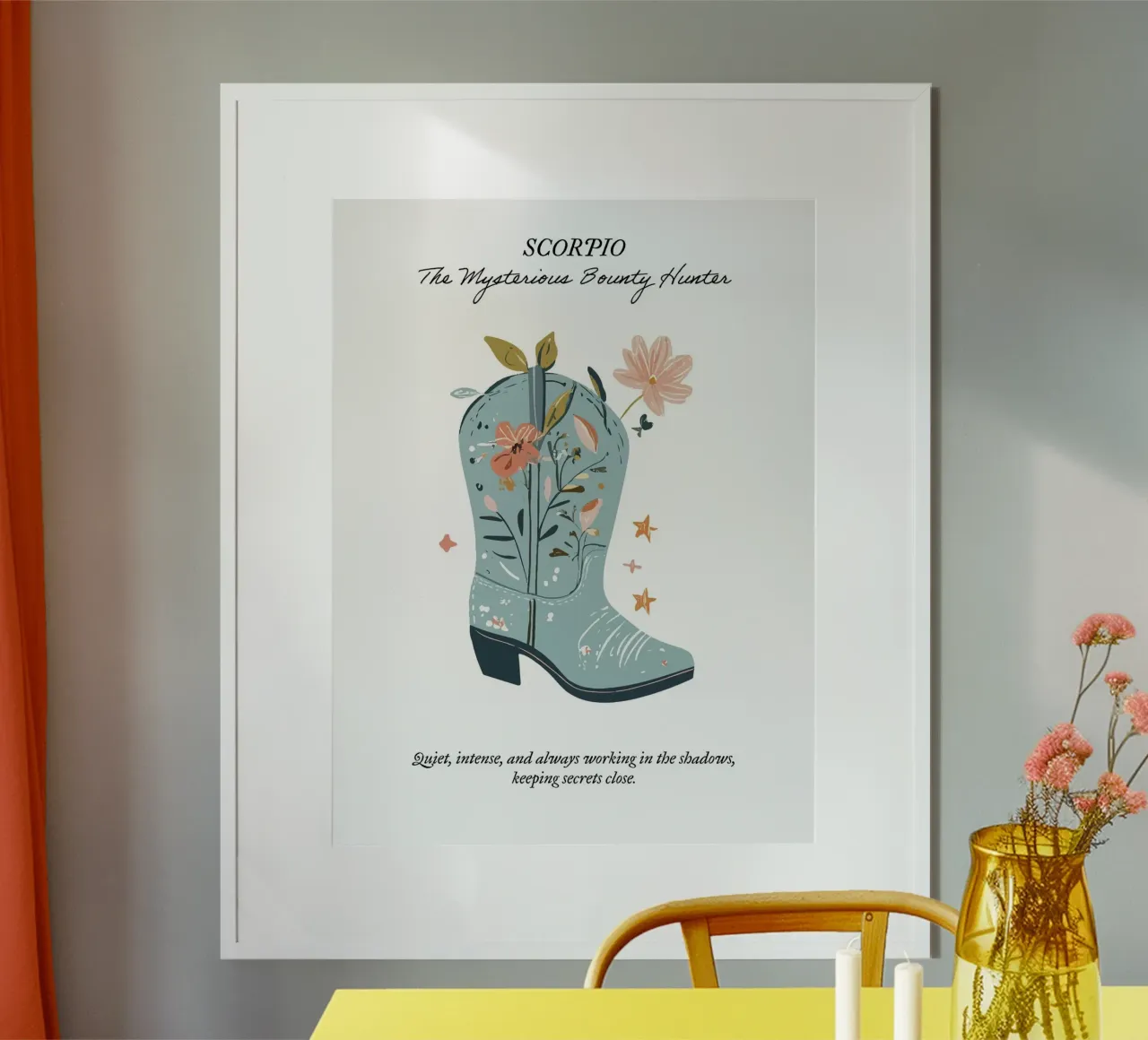 Escorpio, signo zodiacal, botas vaqueras poster con marco de aluminio de Peaches Art Prints