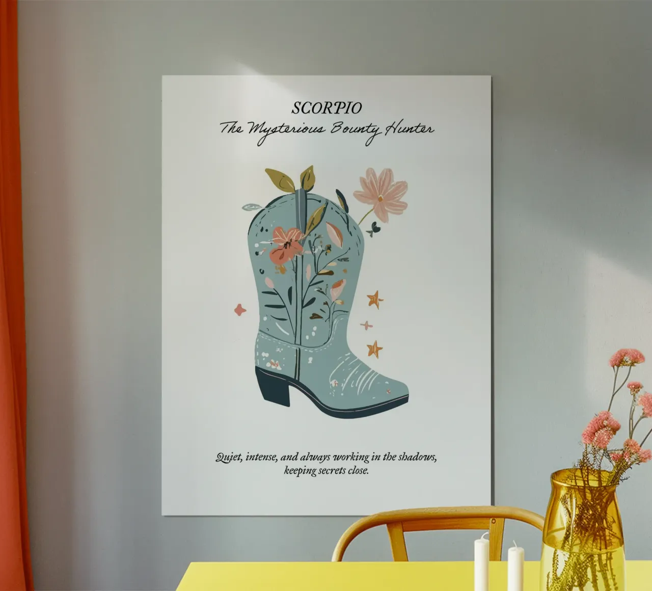 Escorpio, signo zodiacal, botas vaqueras poster con marco de aluminio de Peaches Art Prints
