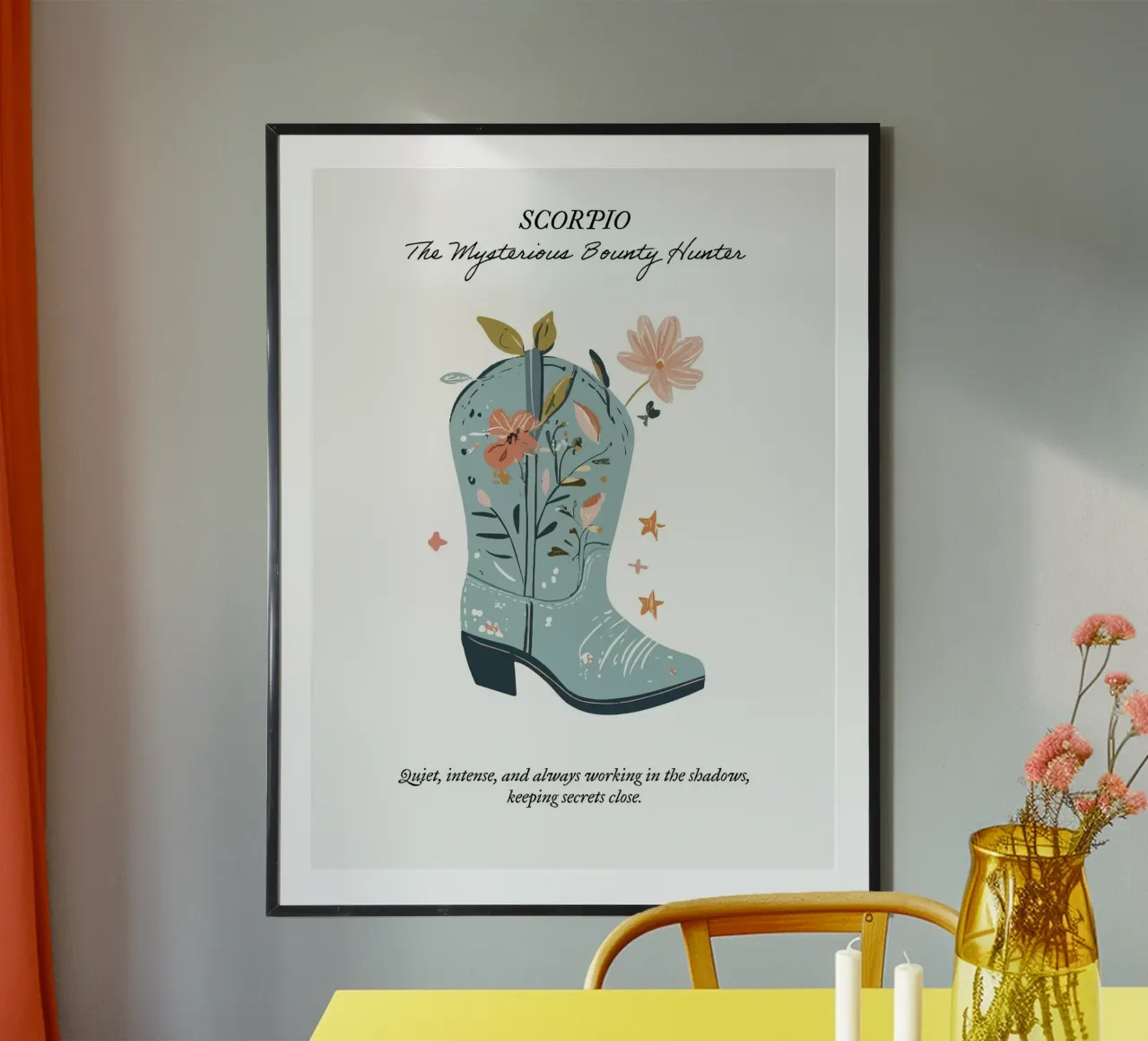 Escorpio, signo zodiacal, botas vaqueras poster con marco de aluminio de Peaches Art Prints