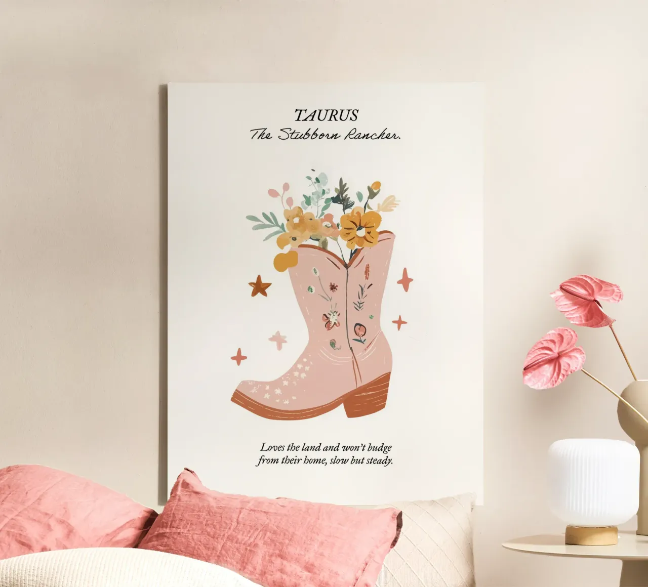 Tauro, signo zodiacal, botas vaqueras lienzo con Marco flotante de Peaches Art Prints