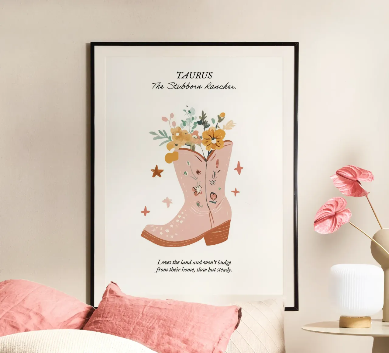 Tauro, signo zodiacal, botas vaqueras poster con marco de plástico de Peaches Art Prints