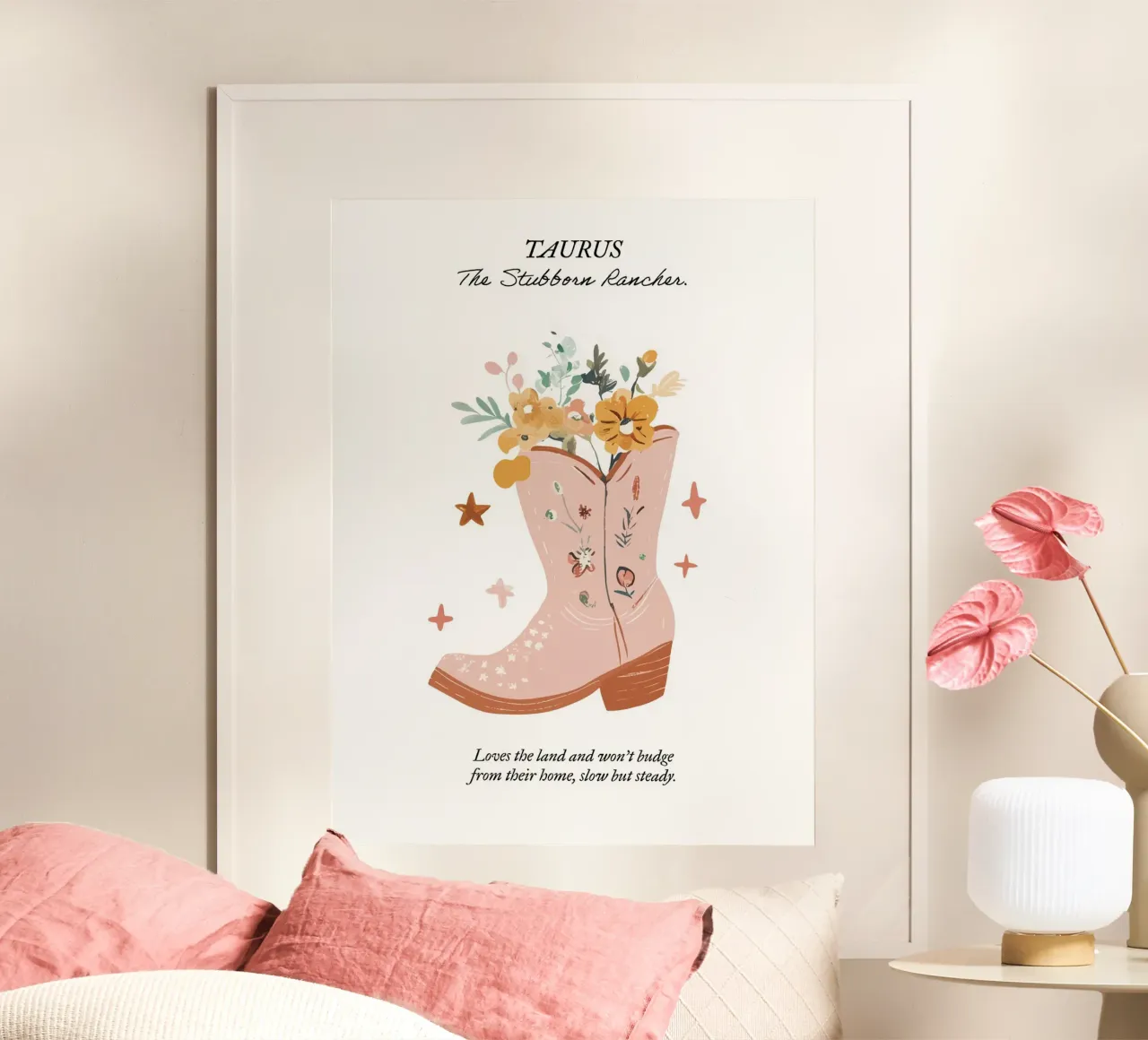 Tauro, signo zodiacal, botas vaqueras poster con marco de plástico de Peaches Art Prints