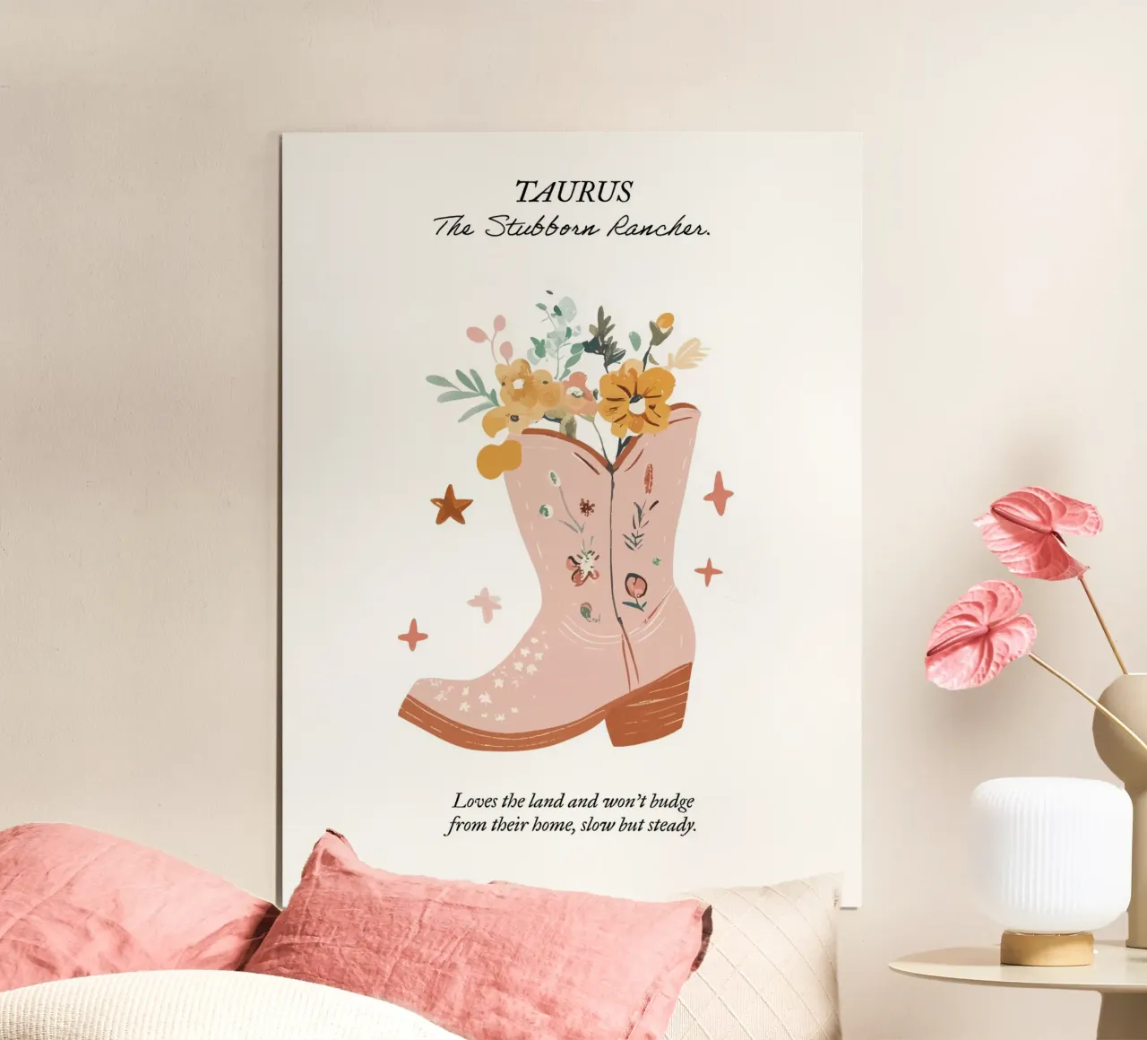 Tauro, signo zodiacal, botas vaqueras poster con marco de plástico de Peaches Art Prints