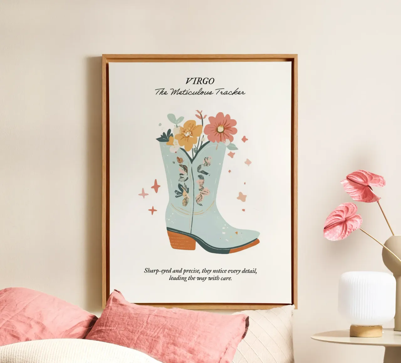 Virgo, signo zodiacal, botas vaqueras lienzo con Marco flotante de Peaches Art Prints