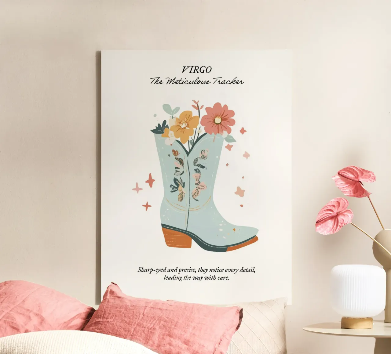 Virgo, signo zodiacal, botas vaqueras lienzo con Marco flotante de Peaches Art Prints