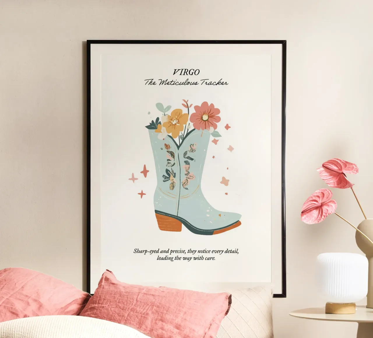 Virgo, signo zodiacal, botas vaqueras poster con marco de aluminio de Peaches Art Prints