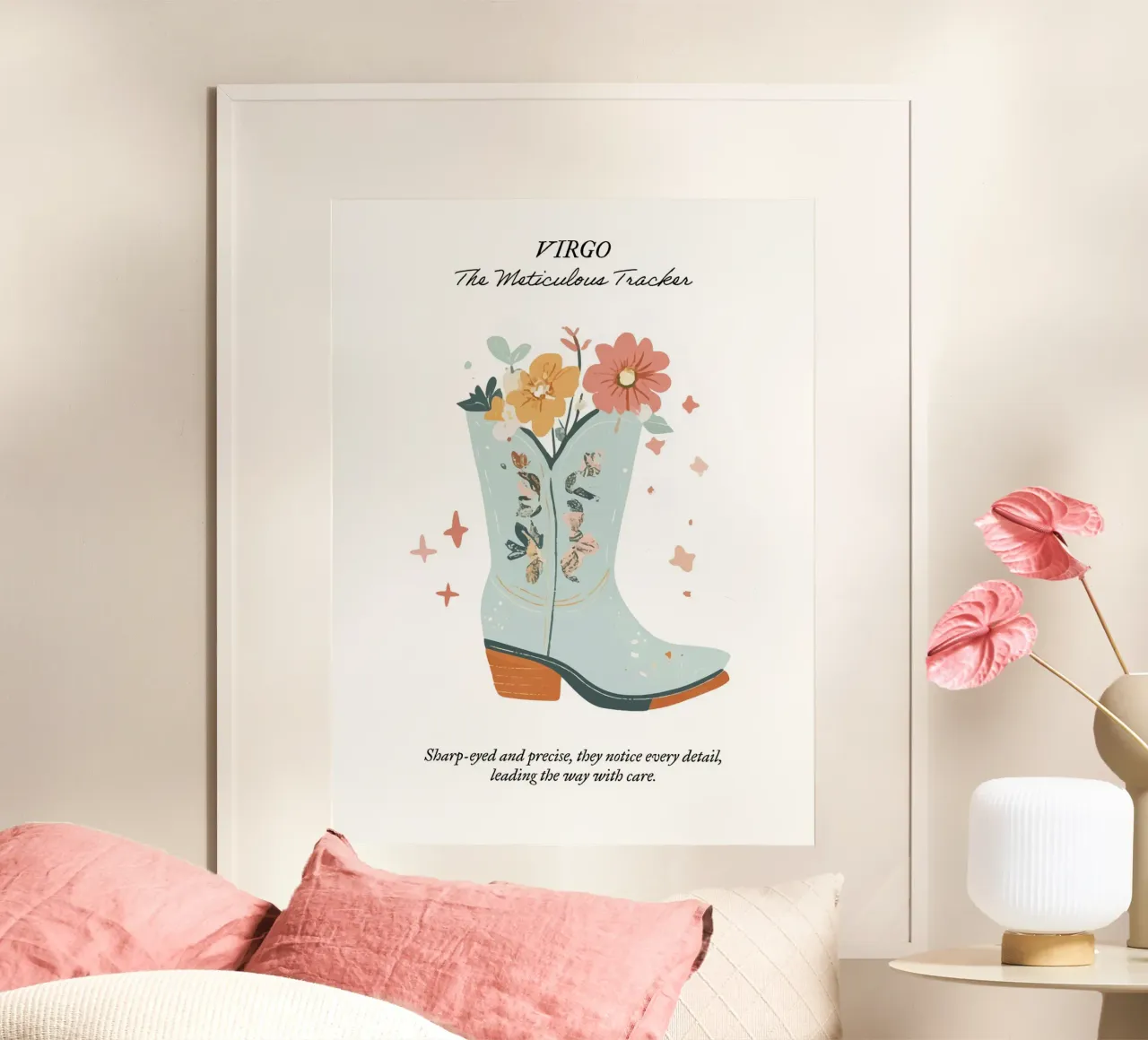 Virgo, signo zodiacal, botas vaqueras poster con marco de aluminio de Peaches Art Prints