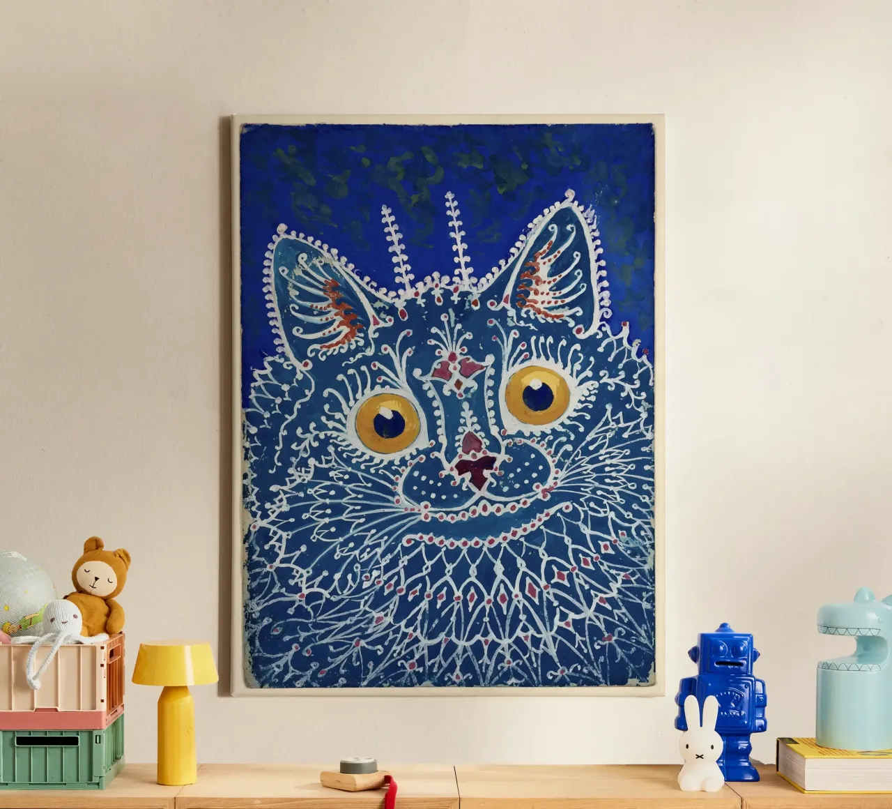 Louis Wain Print Blue cat in gothic style Gouache canvas by Peaches Art Prints