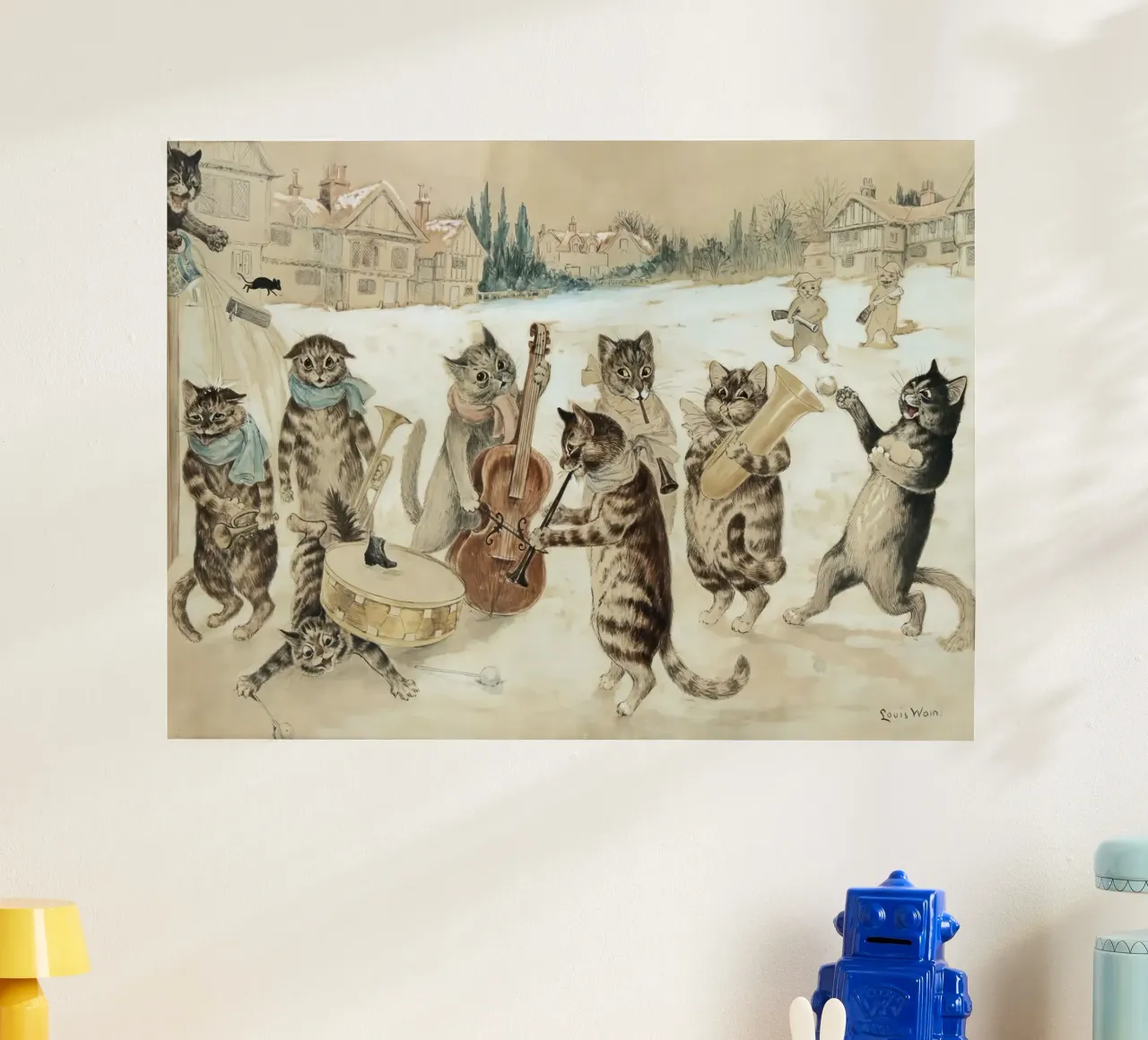 Louis Wain Gatti che cantano un canto all'acquerello poster con telaio in legno da Peaches Art Prints