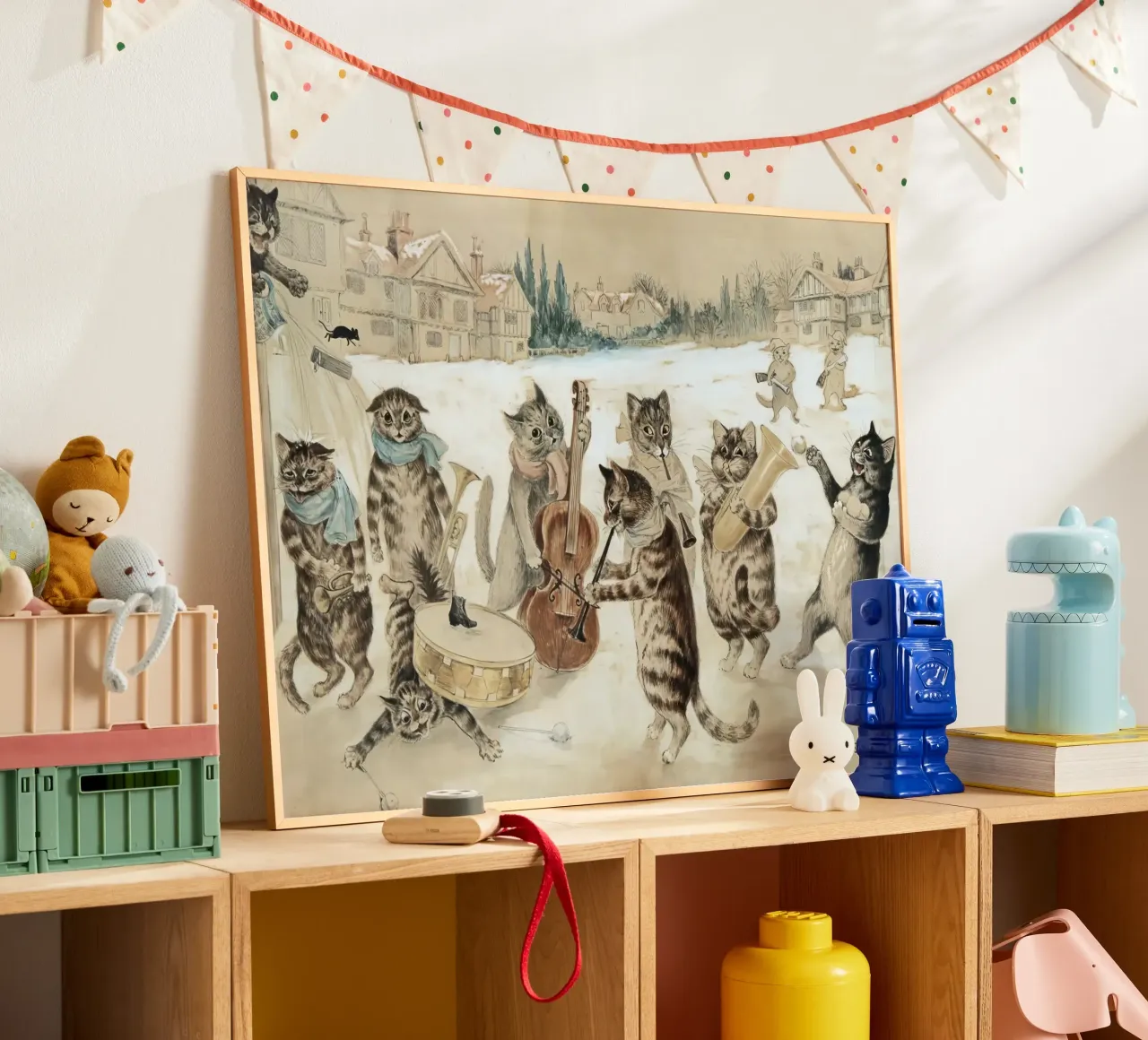 Louis Wain Gatti che cantano un canto all'acquerello poster con telaio in legno da Peaches Art Prints