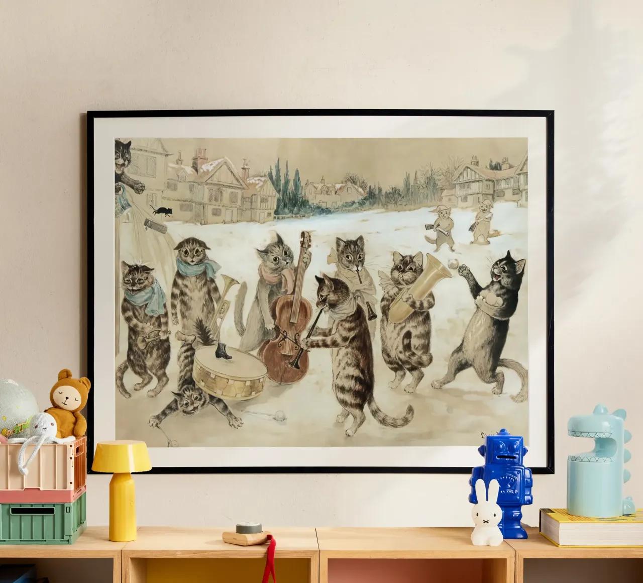 Louis Wain Gatti che cantano un canto all'acquerello poster con telaio in legno da Peaches Art Prints