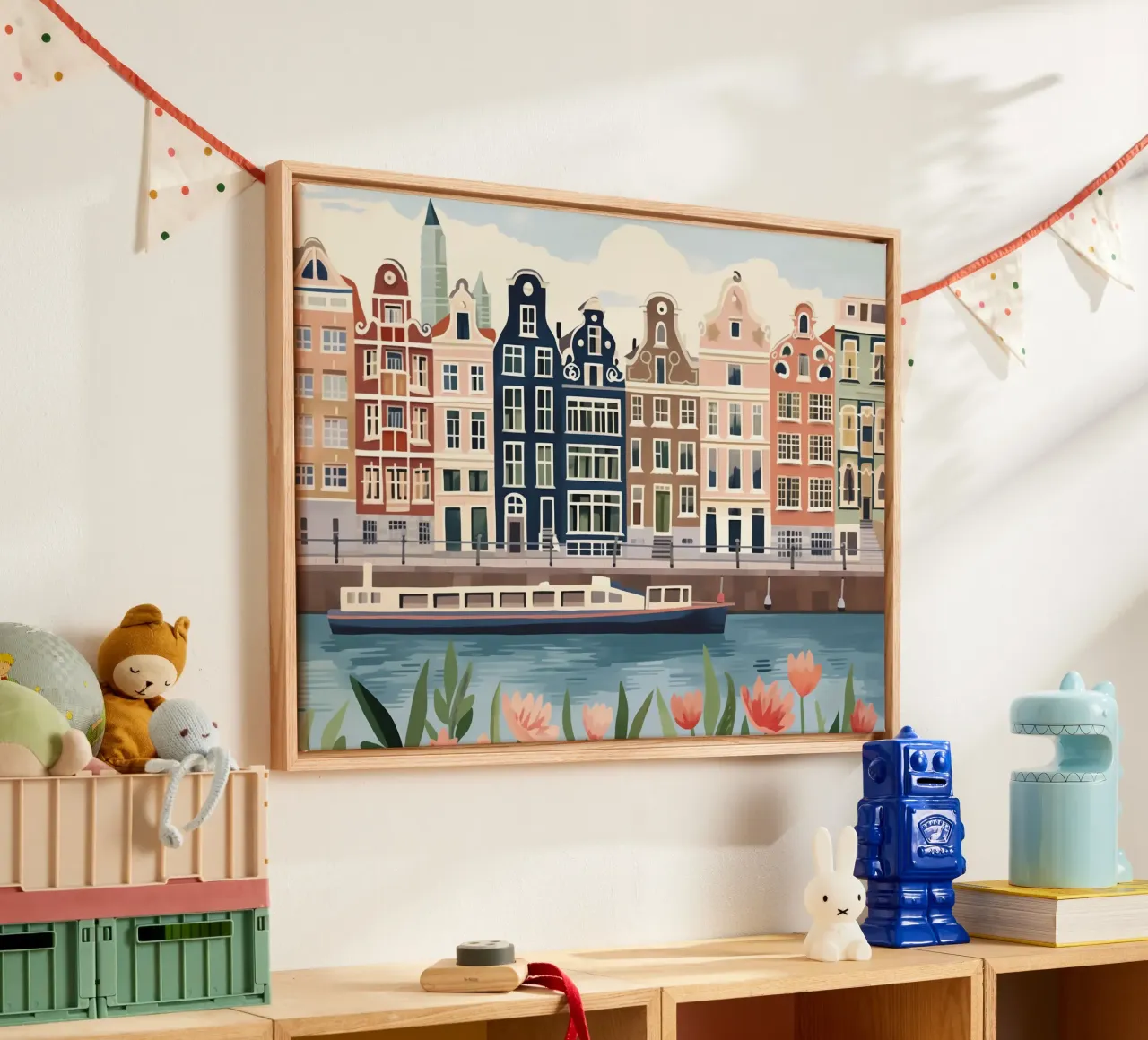 Amsterdam, Nederland, Grachtenhuizen Boot canvas met Baklijst van Peaches Art Prints