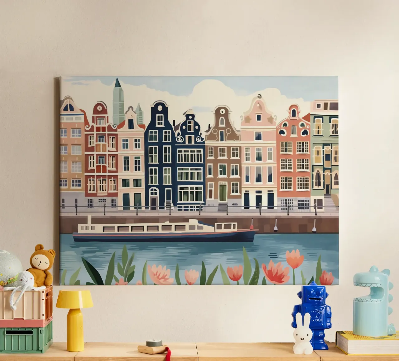 Amsterdam, Nederland, Grachtenhuizen Boot canvas met Baklijst van Peaches Art Prints