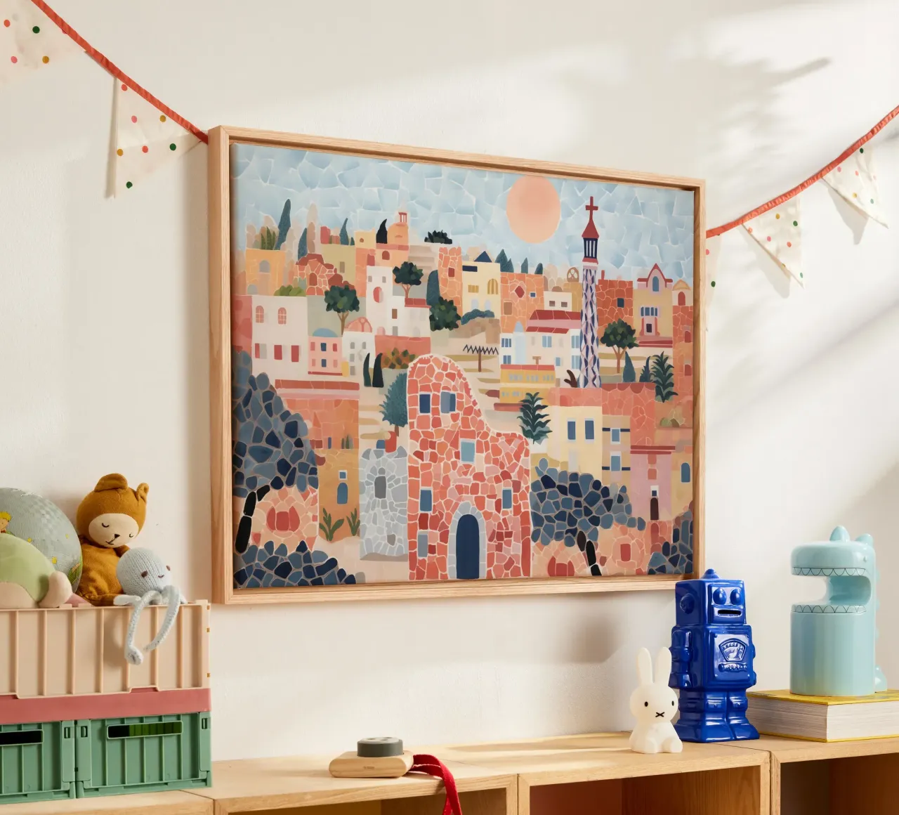 Barcelona, Spanje, Gauidi Skyline Schilderij Landschap canvas met Baklijst van Peaches Art Prints