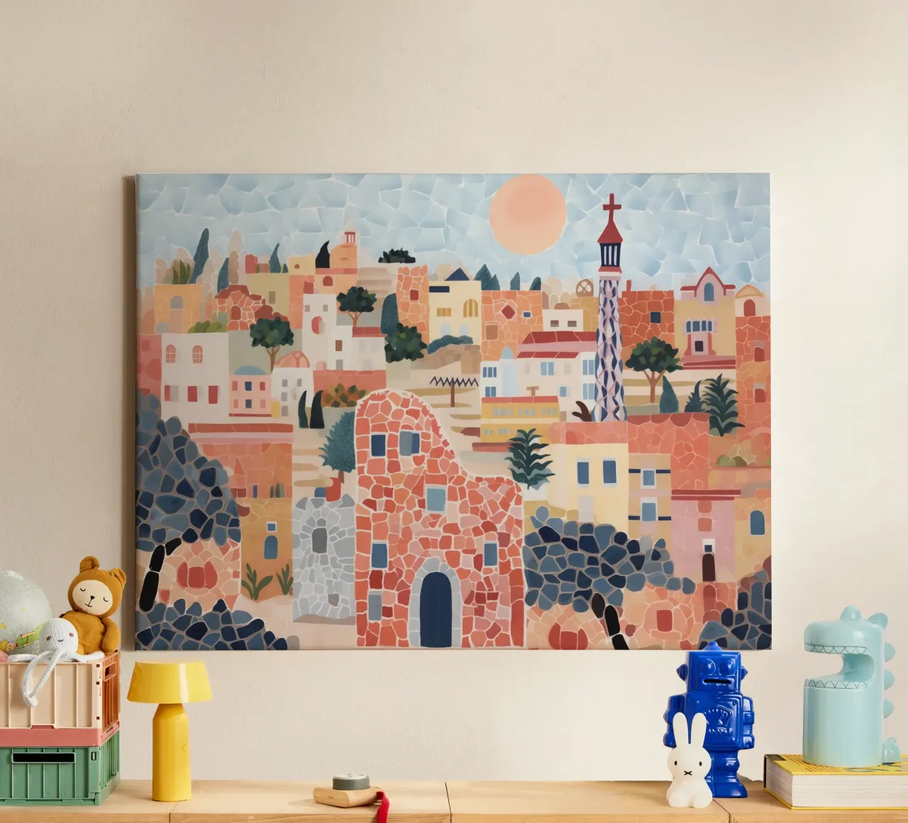 Barcelona, Spanje, Gauidi Skyline Schilderij Landschap canvas met Baklijst van Peaches Art Prints