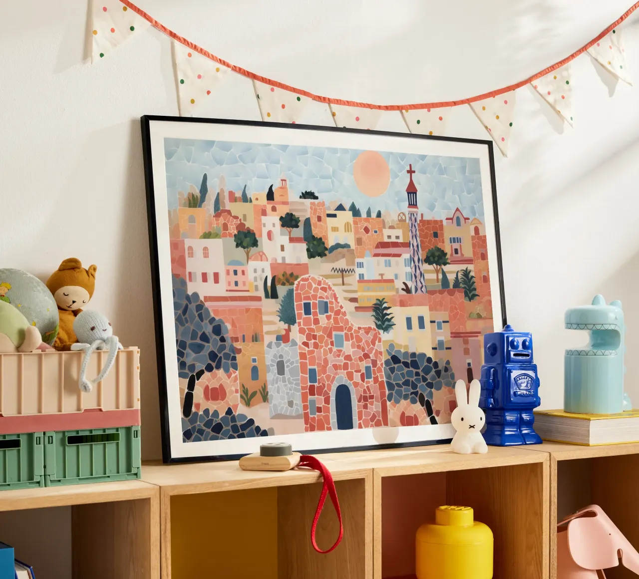 Barcellona, Spagna, Gauidi Skyline Pittura Paesaggio poster con telaio in legno da Peaches Art Prints