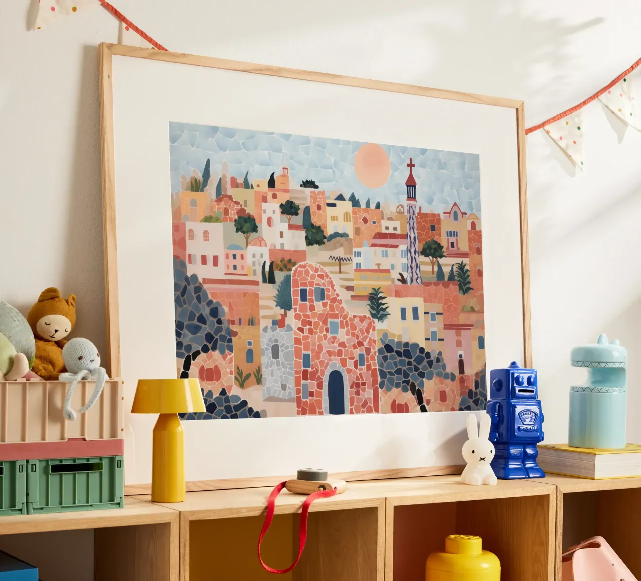Barcellona, Spagna, Gauidi Skyline Pittura Paesaggio poster con telaio in legno da Peaches Art Prints