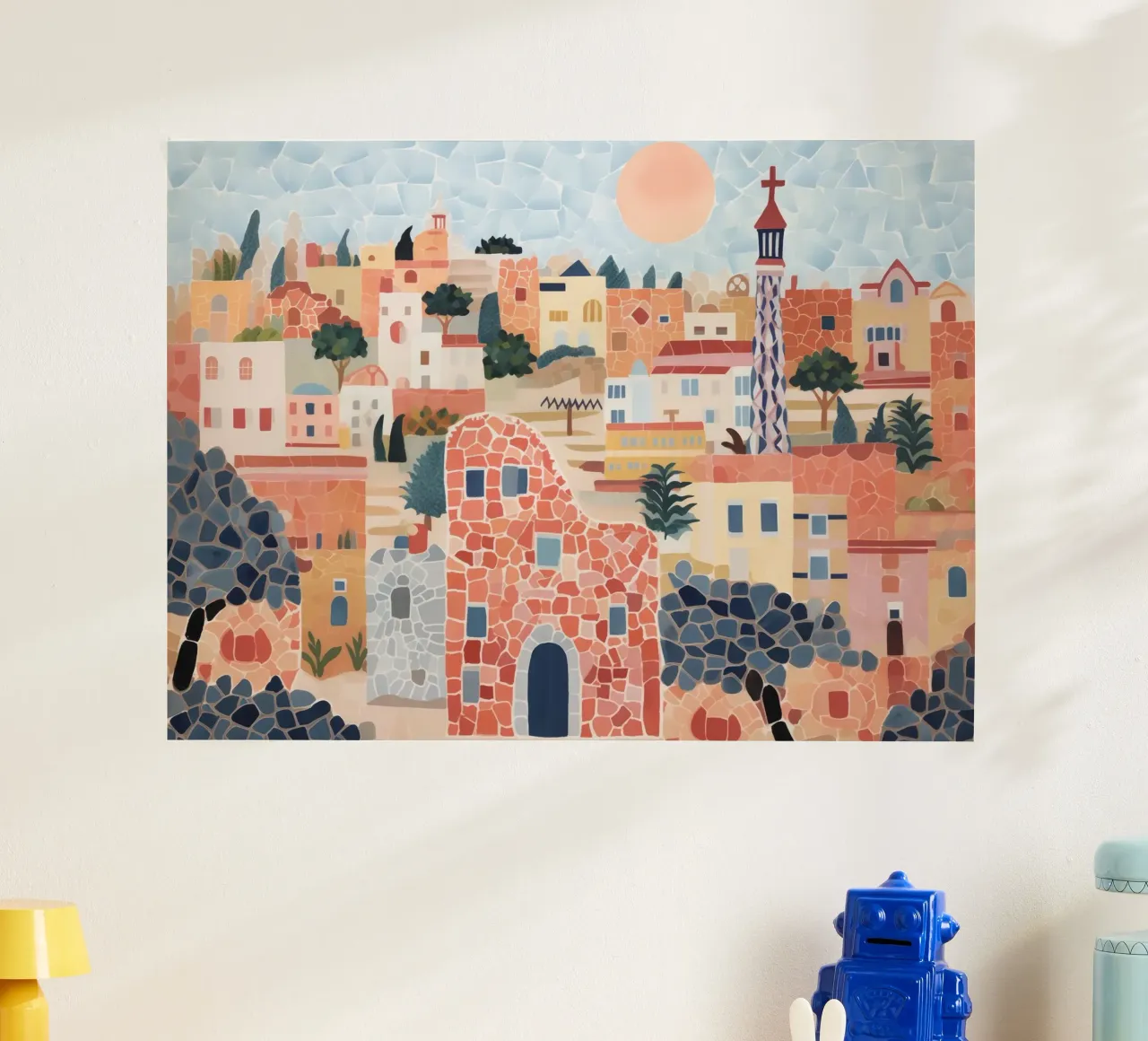 Barcellona, Spagna, Gauidi Skyline Pittura Paesaggio poster con telaio in legno da Peaches Art Prints