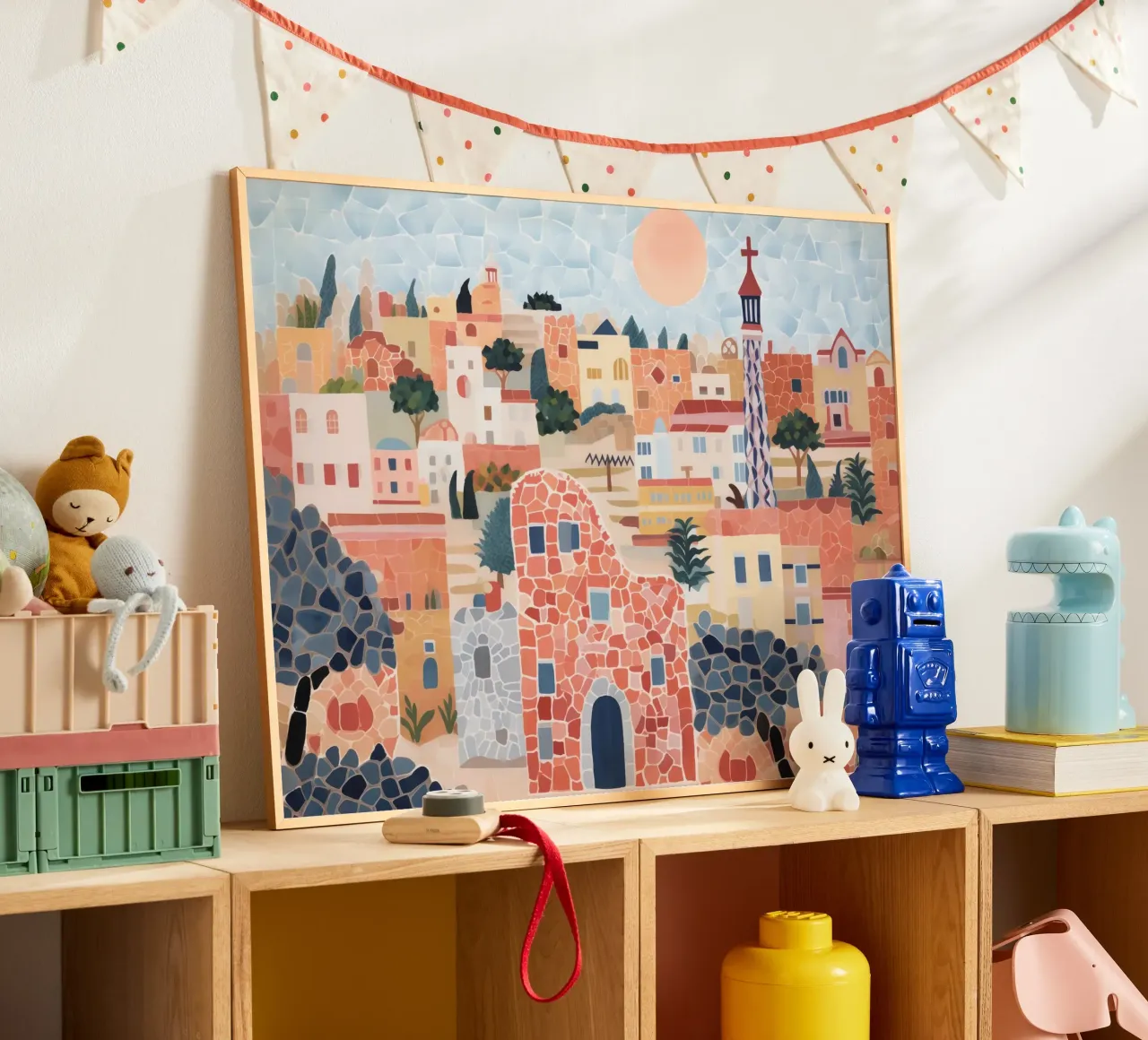 Barcellona, Spagna, Gauidi Skyline Pittura Paesaggio poster con telaio in legno da Peaches Art Prints