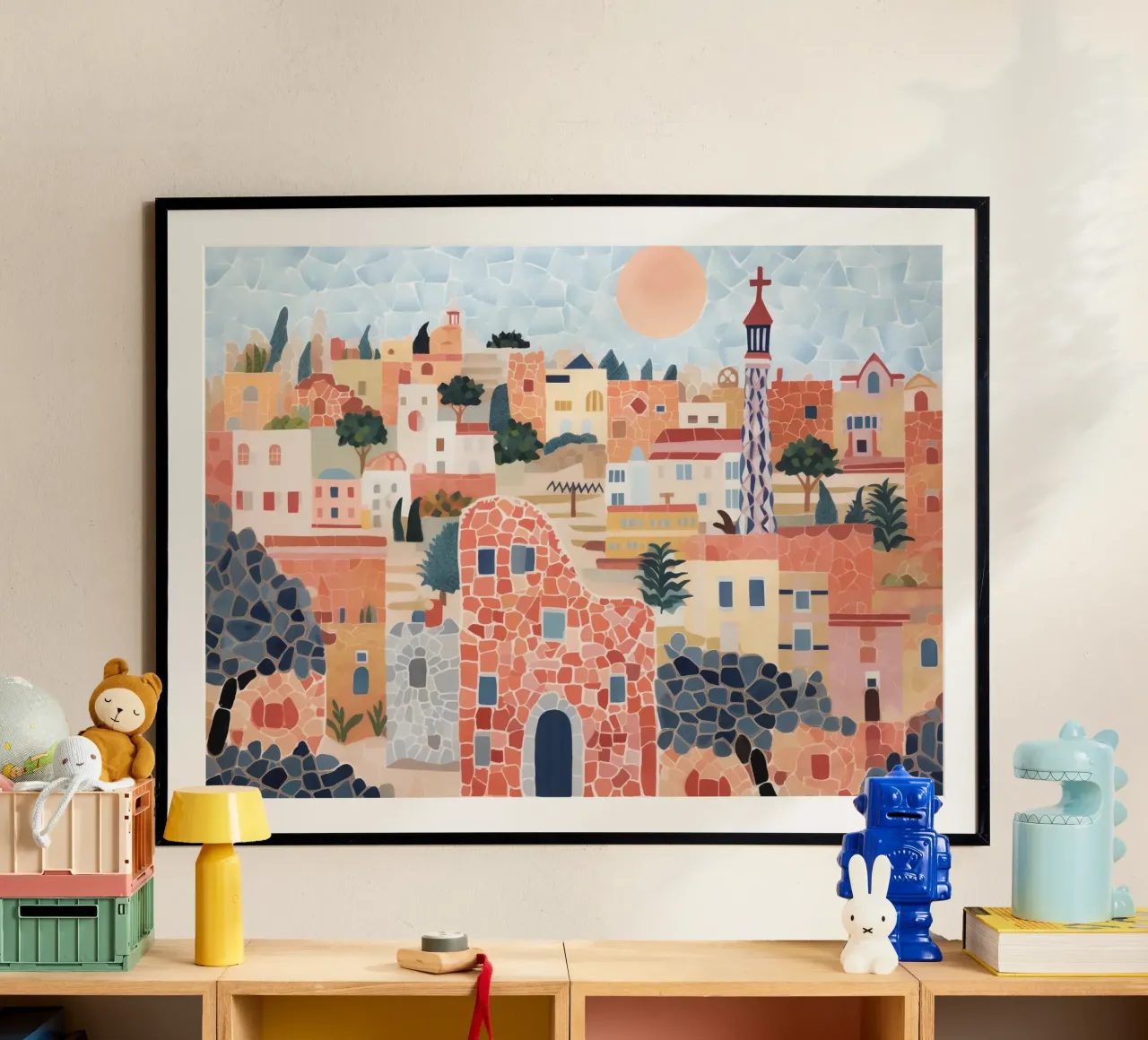 Barcellona, Spagna, Gauidi Skyline Pittura Paesaggio poster con telaio in legno da Peaches Art Prints