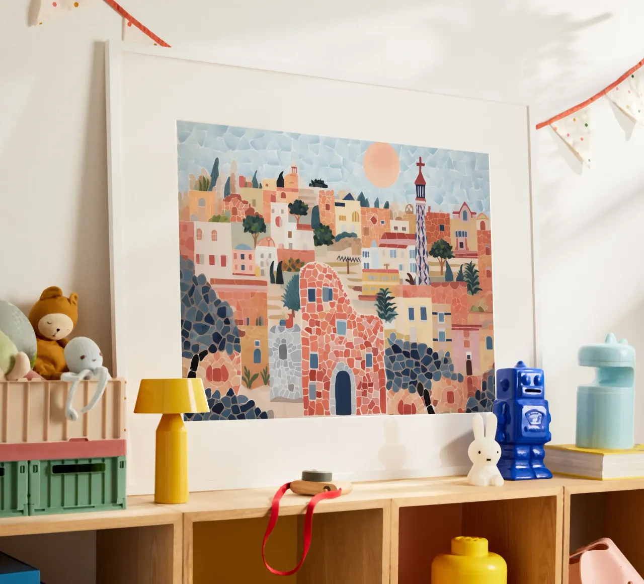Barcellona, Spagna, Gauidi Skyline Pittura Paesaggio poster con telaio in legno da Peaches Art Prints