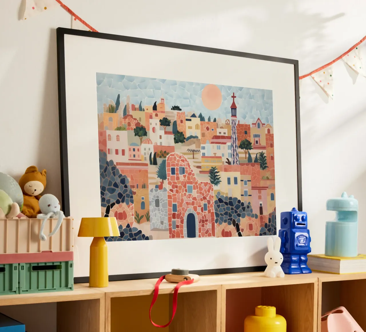 Barcellona, Spagna, Gauidi Skyline Pittura Paesaggio poster con telaio in legno da Peaches Art Prints