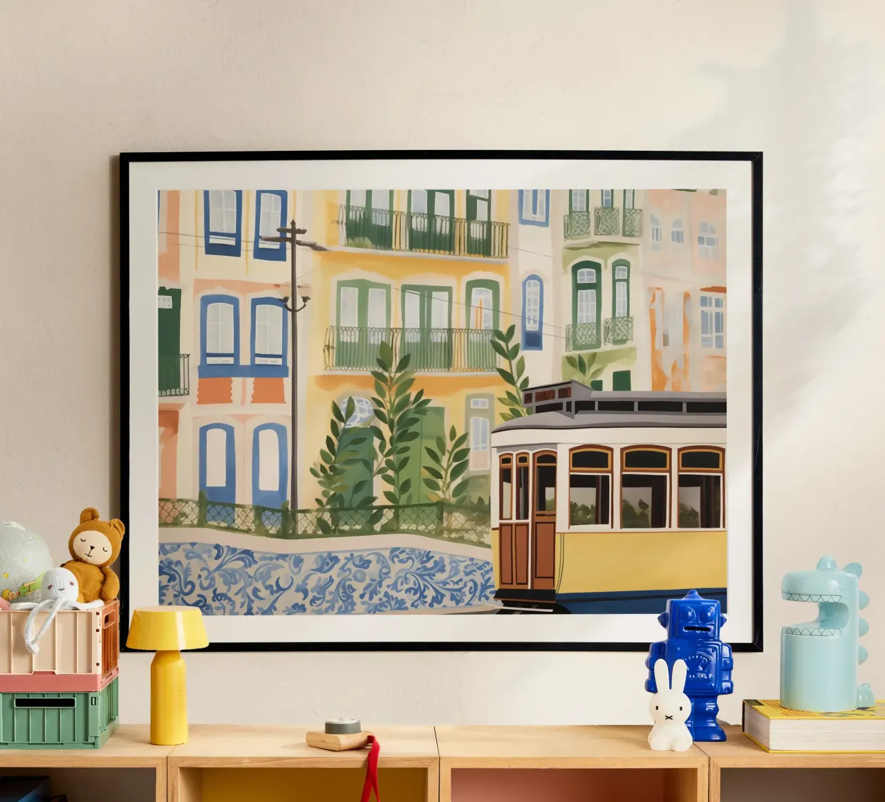 Lisbona, Portogallo, tram di strada, paesaggio acquerello poster con telaio in plastica da Peaches Art Prints