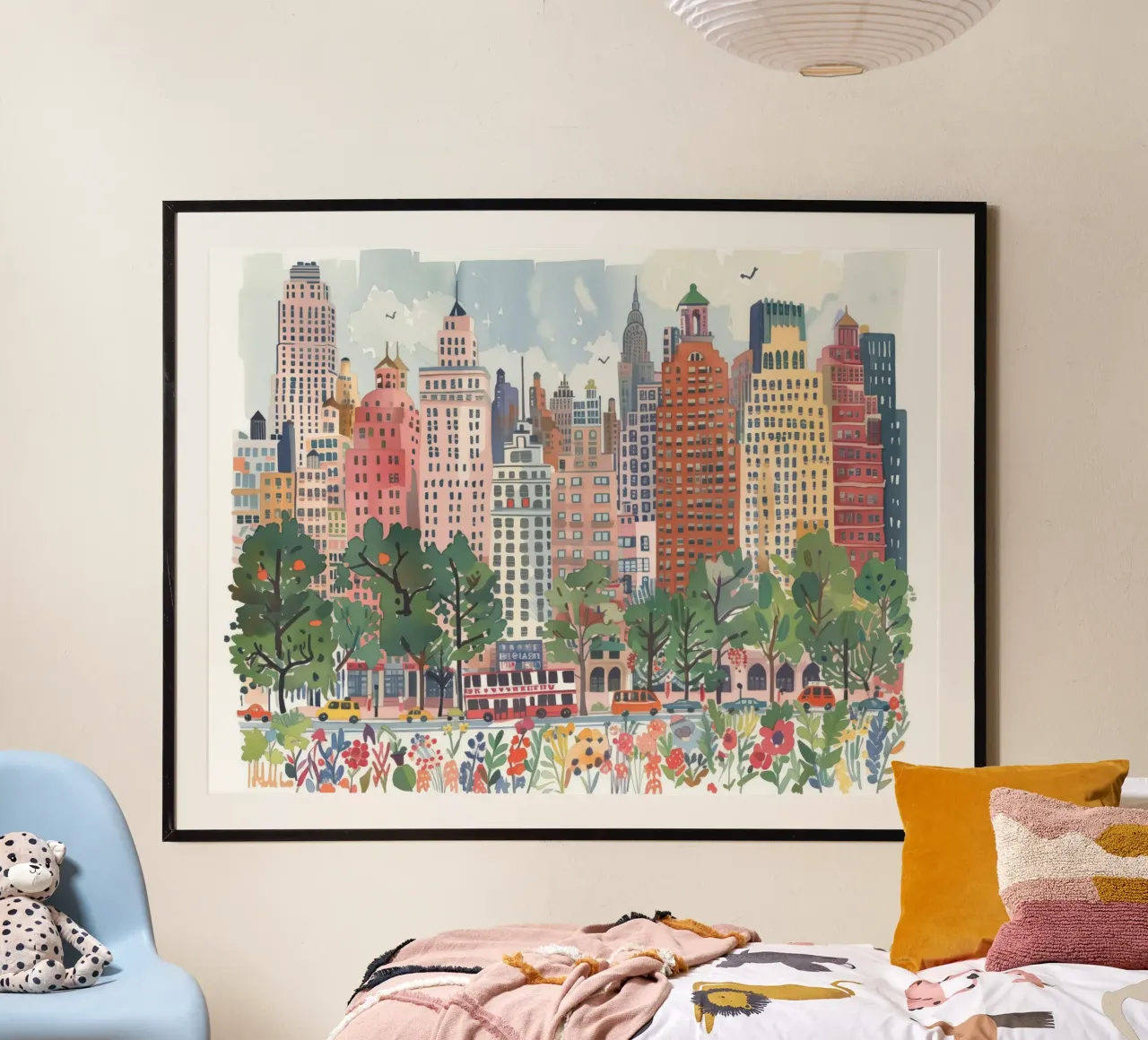 Nueva York, EE.UU., Flores Lugares de interés Arte de viajes poster con marco de aluminio de Peaches Art Prints