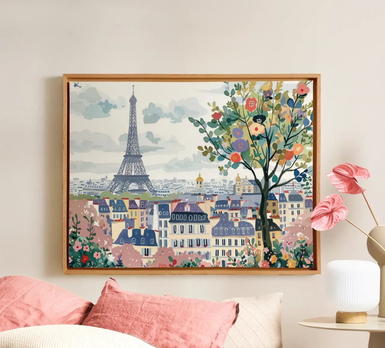 Parigi, Francia, Torre Eiffel, Skyline, Acquerello artistico di viaggio tela con Cornice a cassetta da Peaches Art Prints