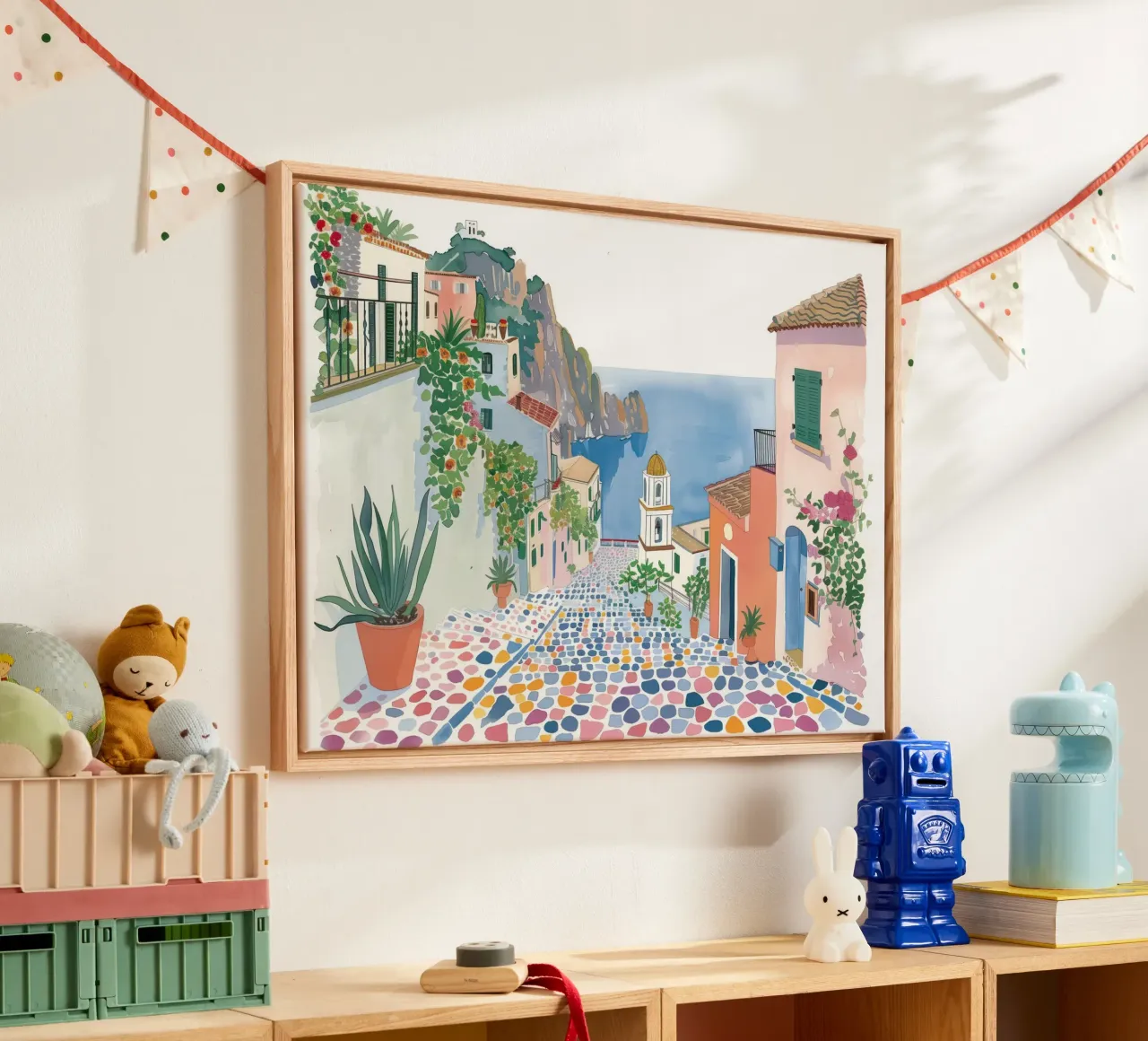 Positano, Italië, Straatlandschap Reiskunst canvas met Baklijst van Peaches Art Prints
