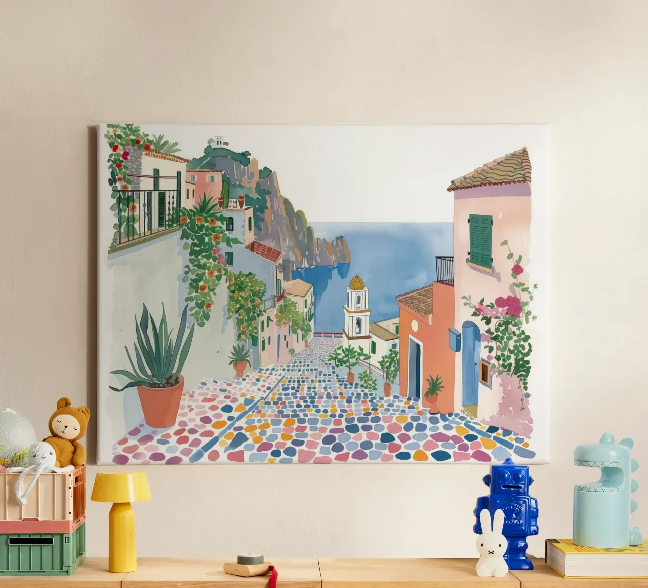 Positano, Italië, Straatlandschap Reiskunst canvas met Baklijst van Peaches Art Prints